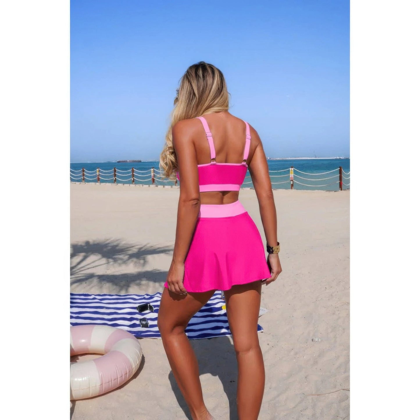Two Piece Color Block High Waist Tie Up Bikini