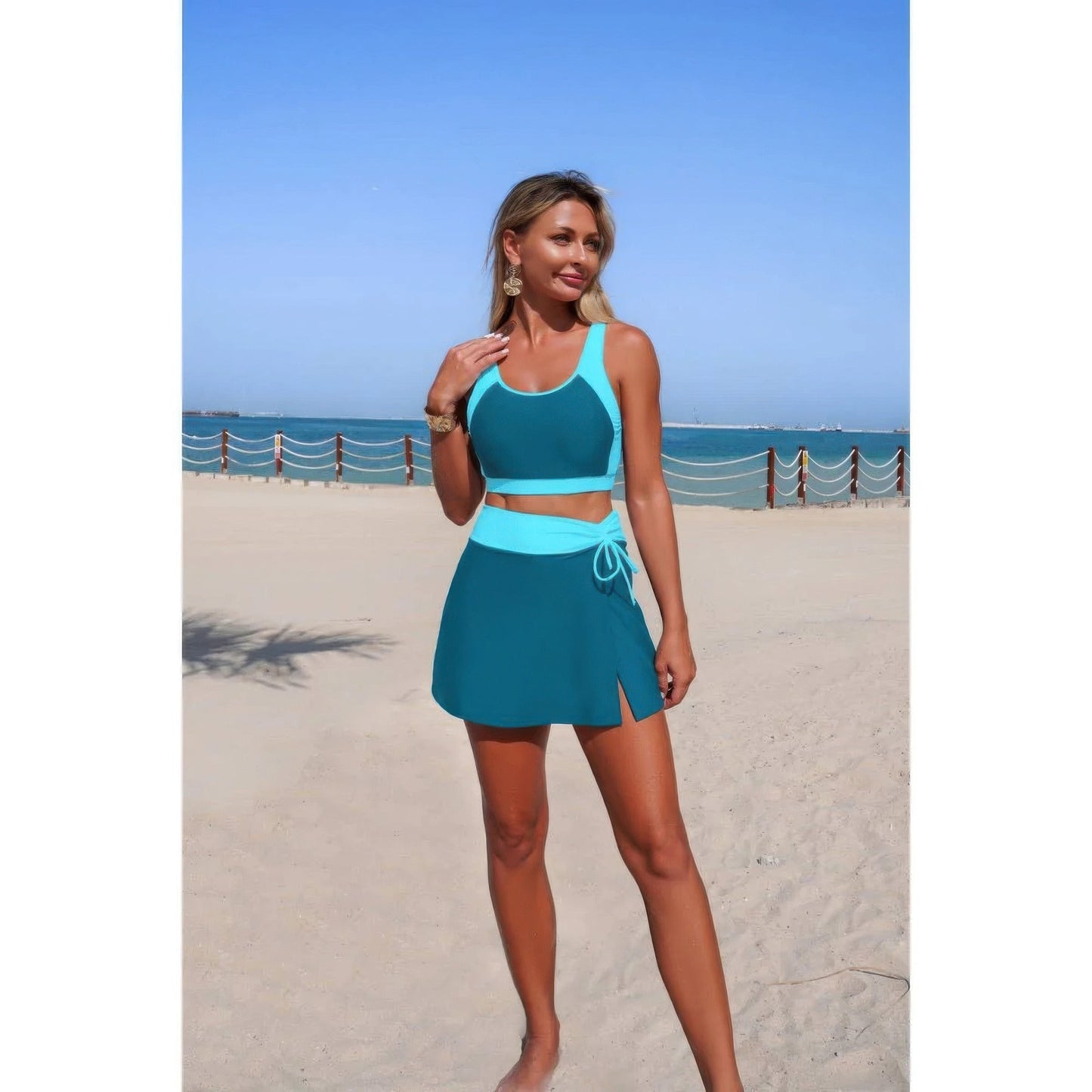 Two Piece Color Block High Waist Tie Up Bikini