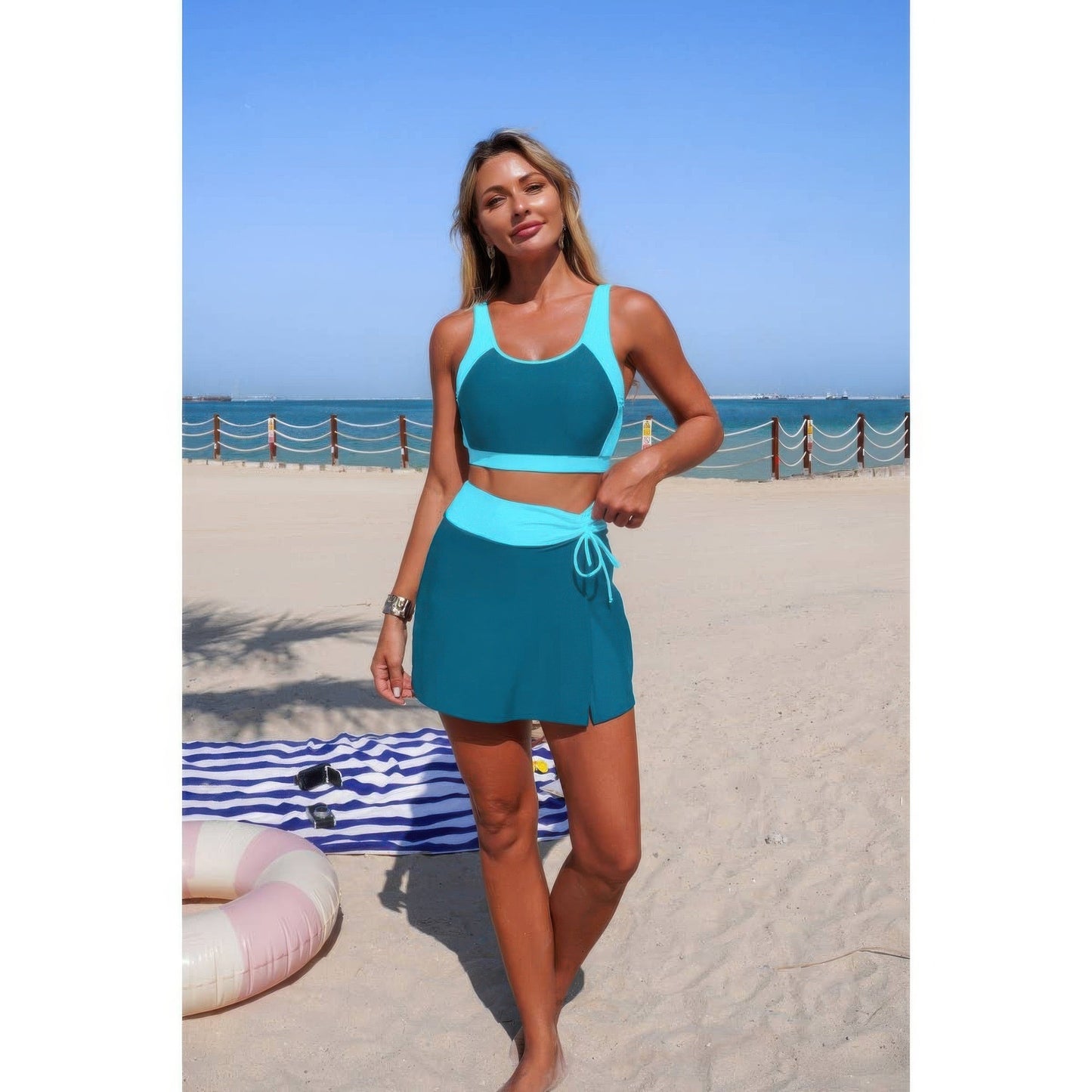 Two Piece Color Block High Waist Tie Up Bikini