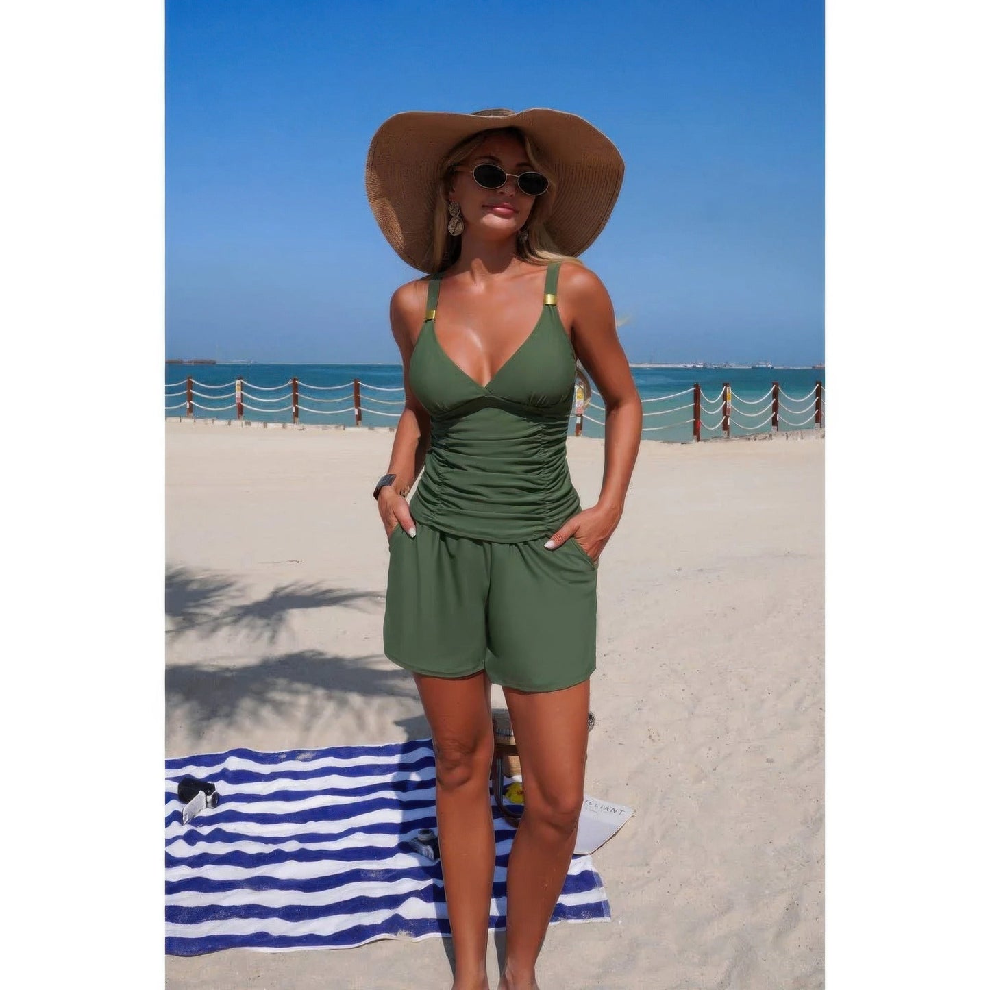Two Piece Solid Ruched V Neck Pockets Tankini