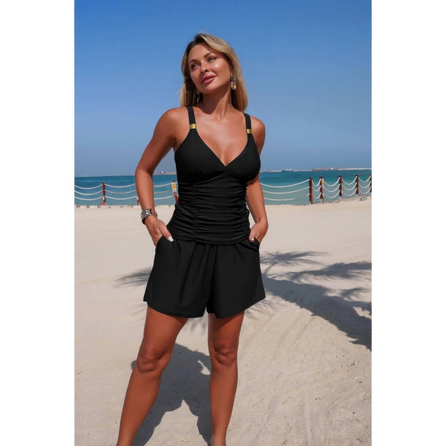 Two Piece Solid Ruched V Neck Pockets Tankini