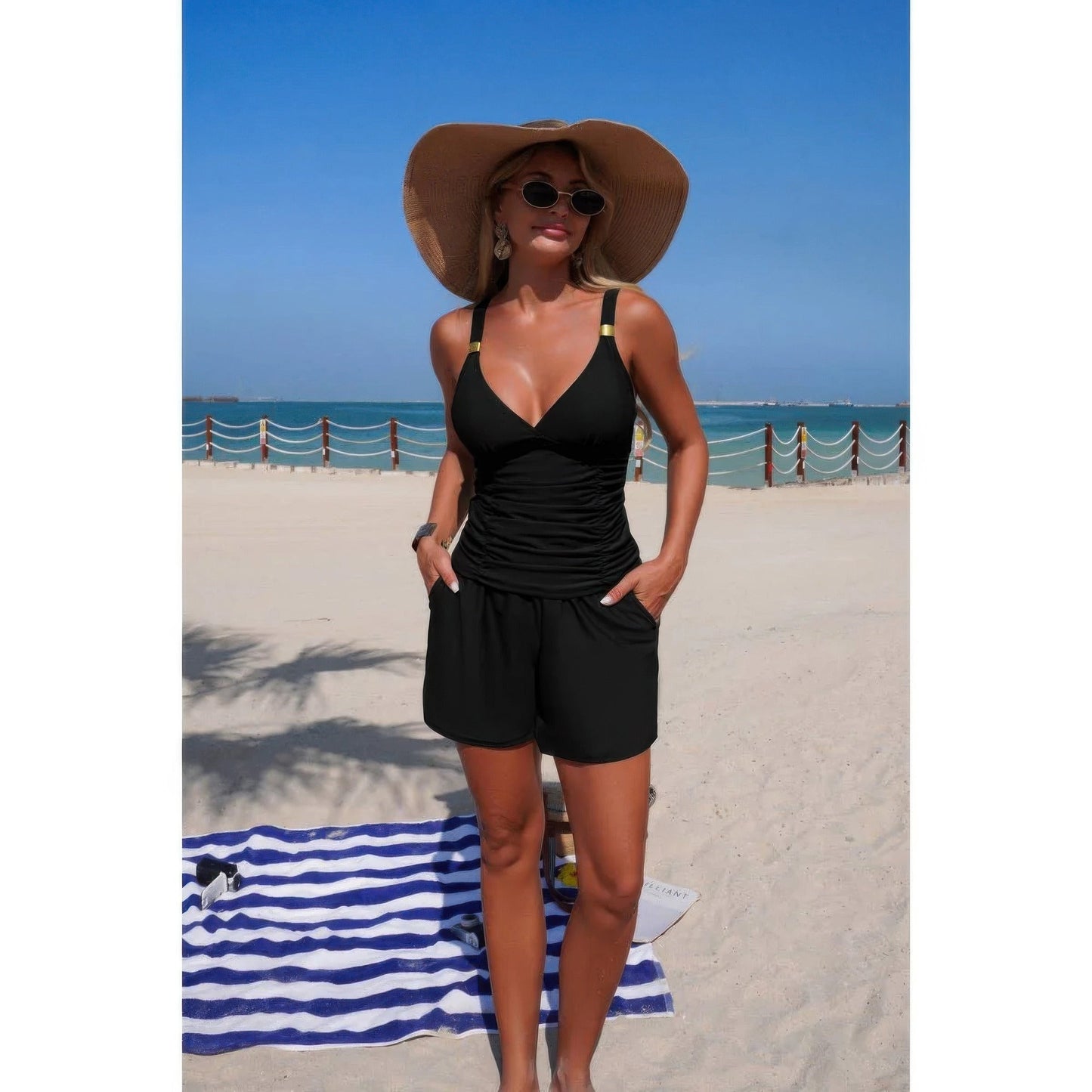 Two Piece Solid Ruched V Neck Pockets Tankini