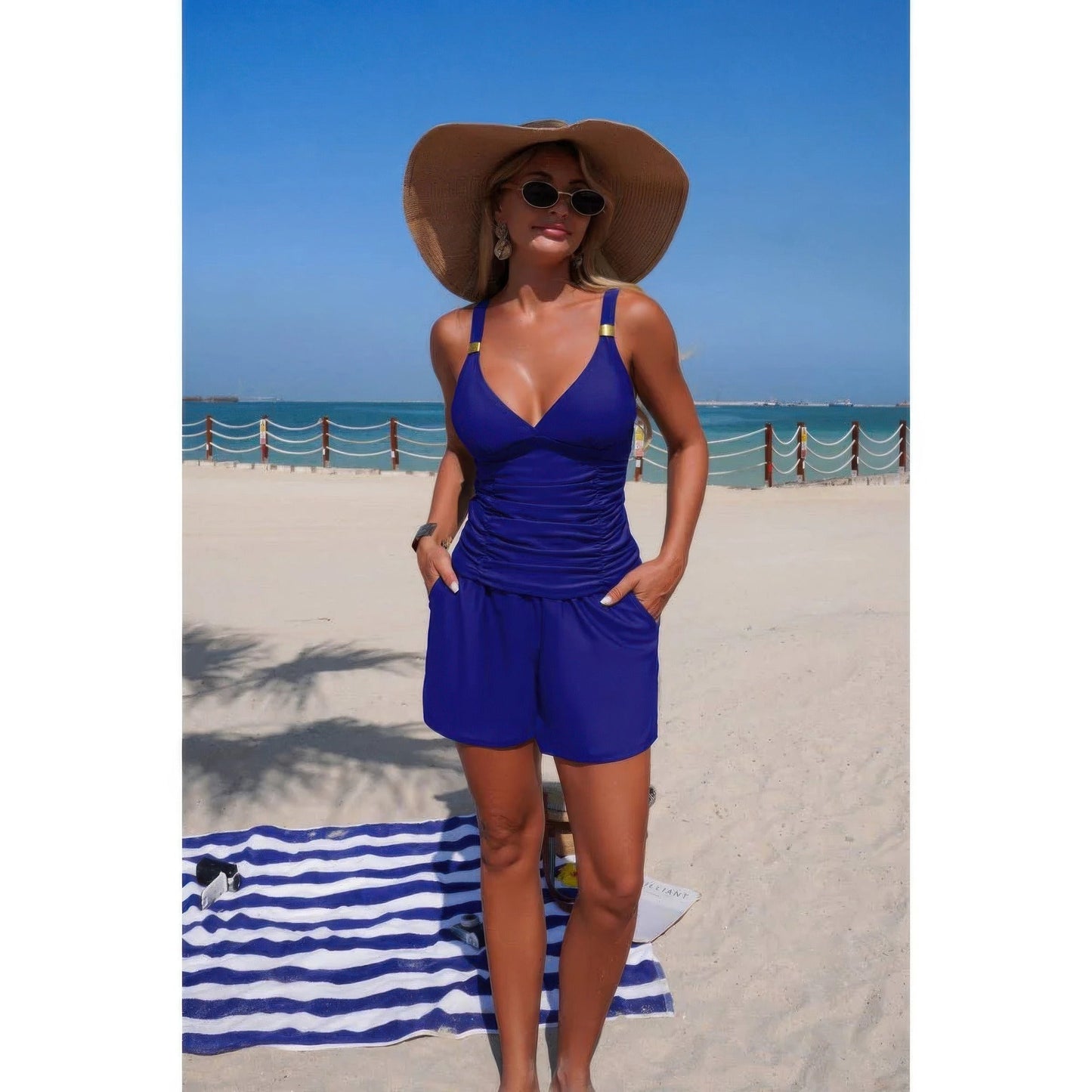 Two Piece Solid Ruched V Neck Pockets Tankini