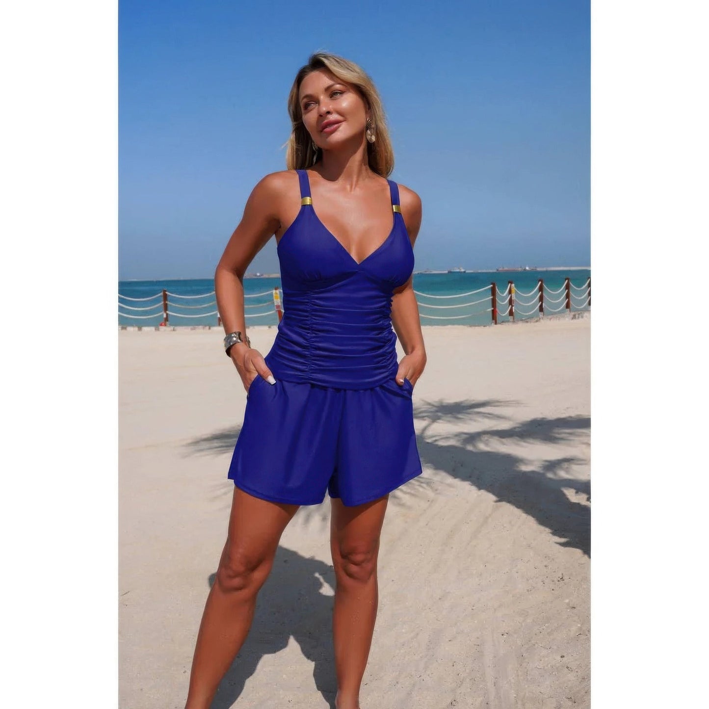 Two Piece Solid Ruched V Neck Pockets Tankini
