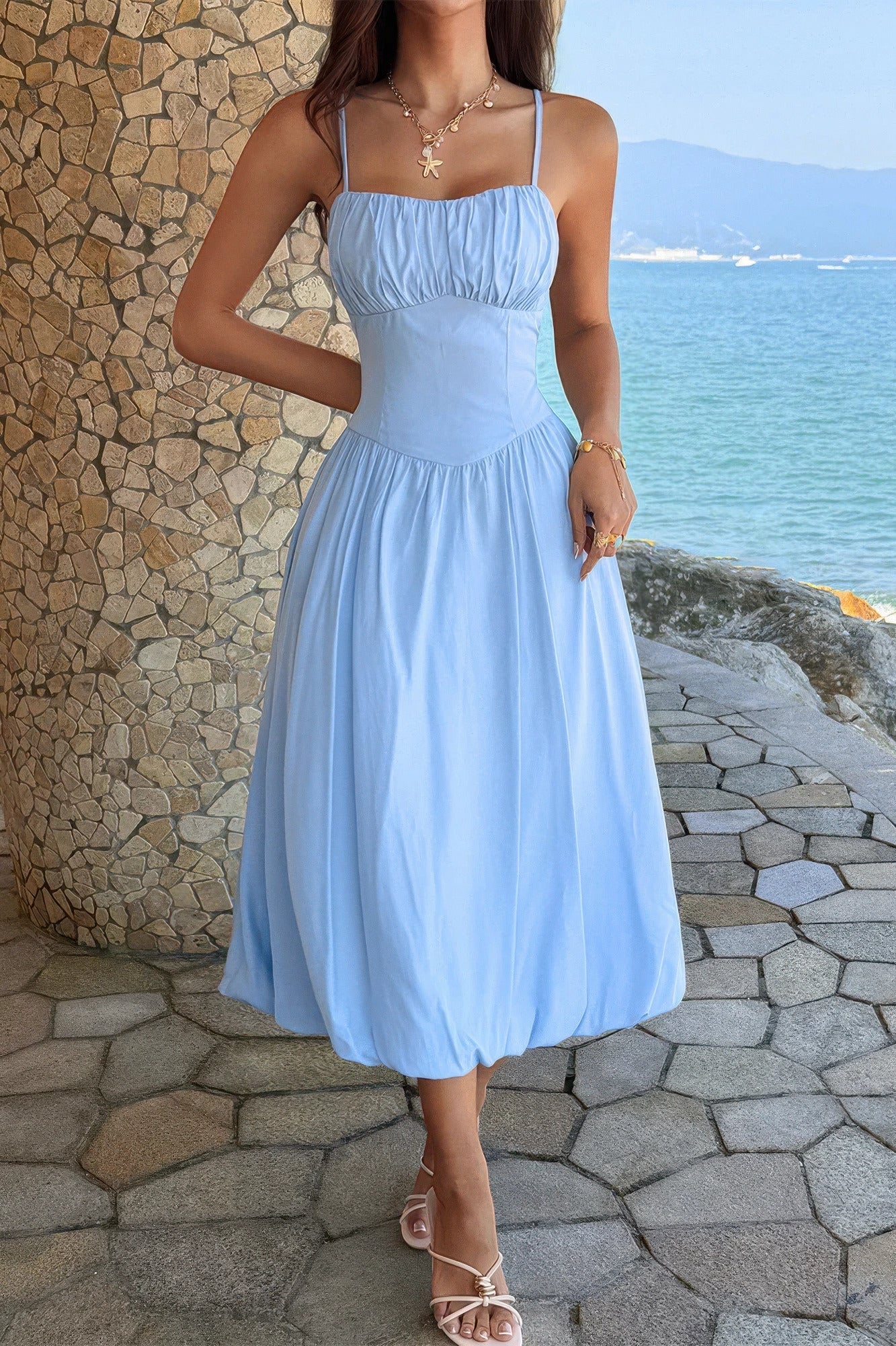 Solid Sleeveless Ruched Bust A Line Dress