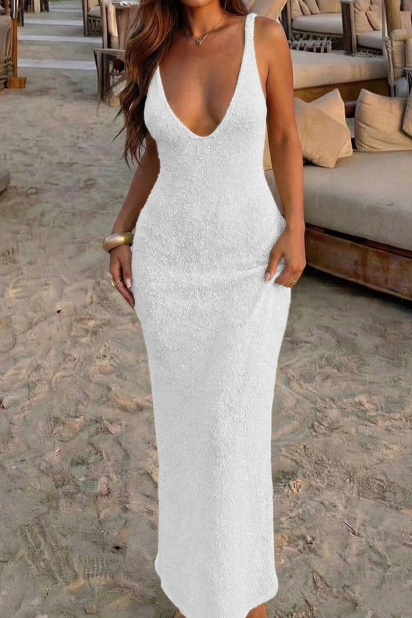 Solid V Neck Halter Cross Back Maxi Dress