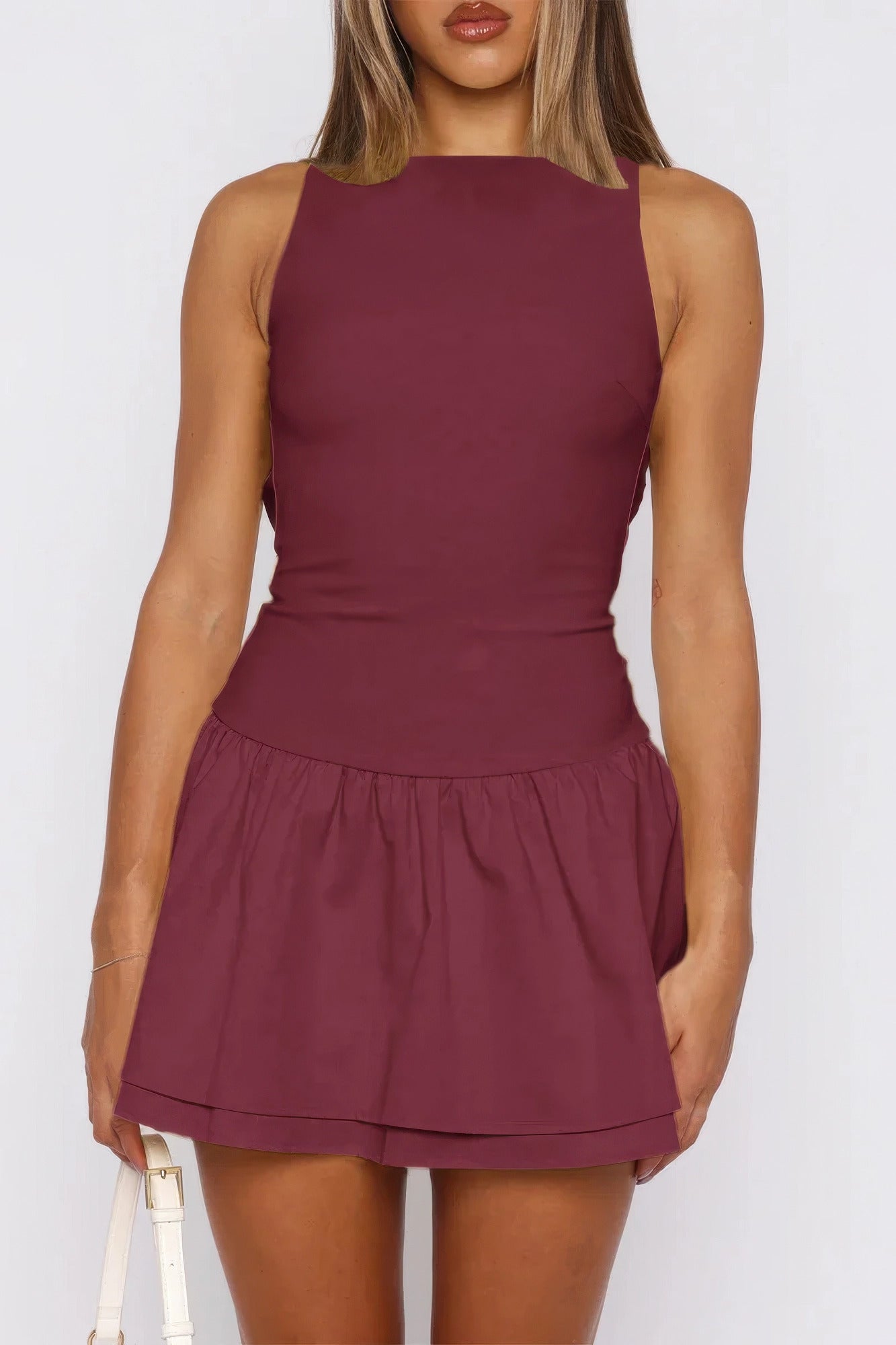 Boat Neck Sleeveless Ruched Ruffle Hem Mini Dress