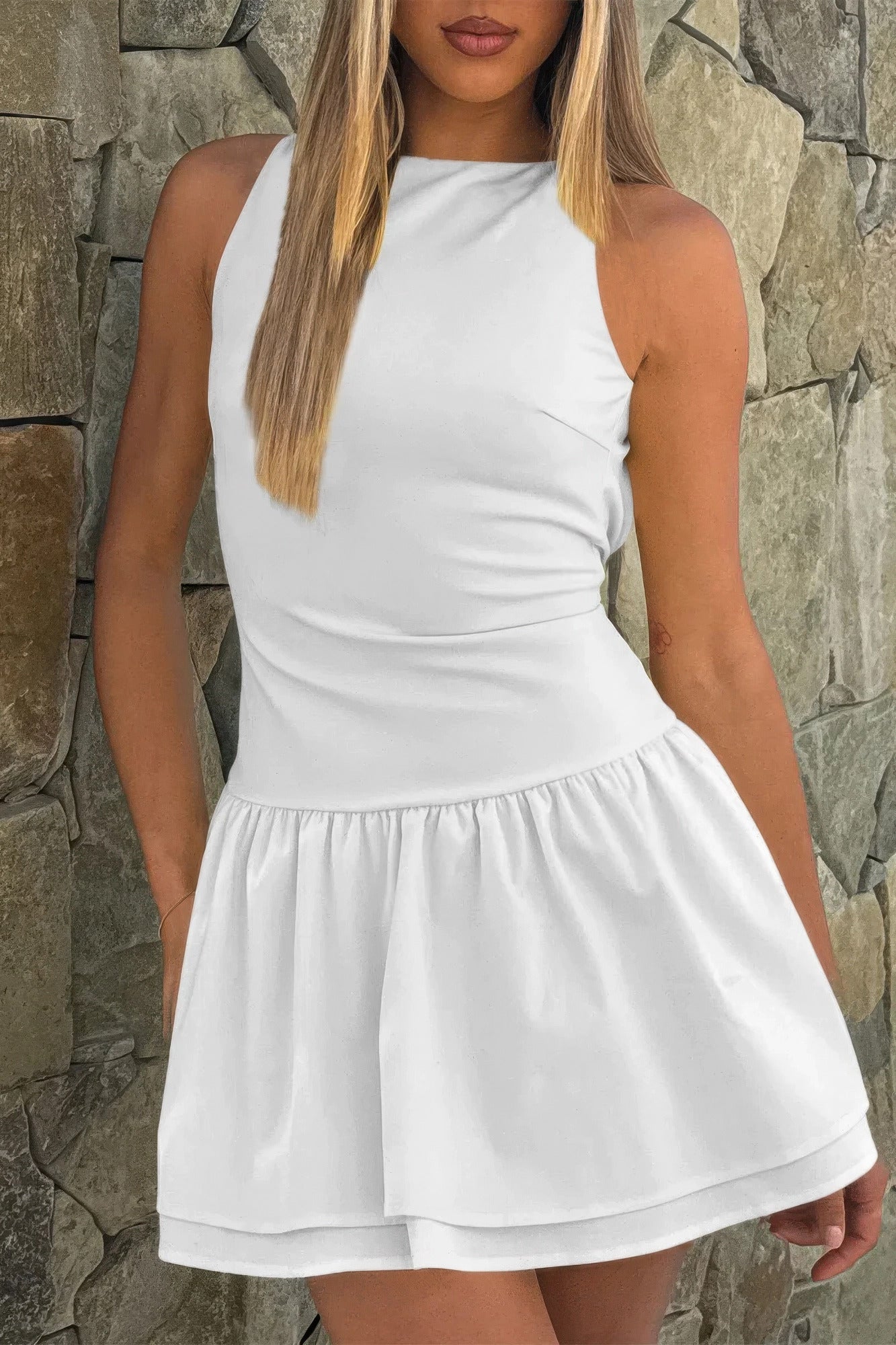 Boat Neck Sleeveless Ruched Ruffle Hem Mini Dress