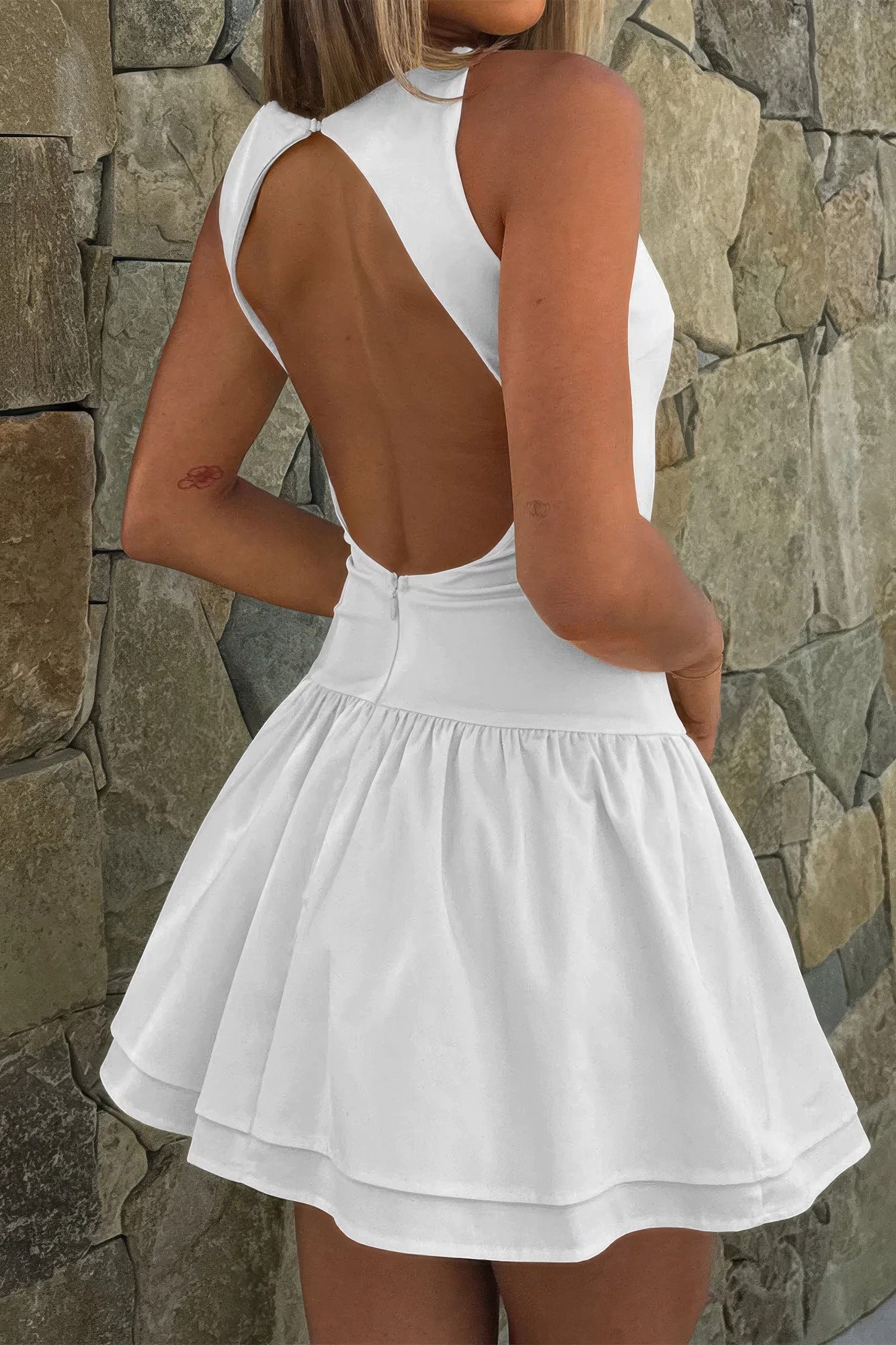 Boat Neck Sleeveless Ruched Ruffle Hem Mini Dress