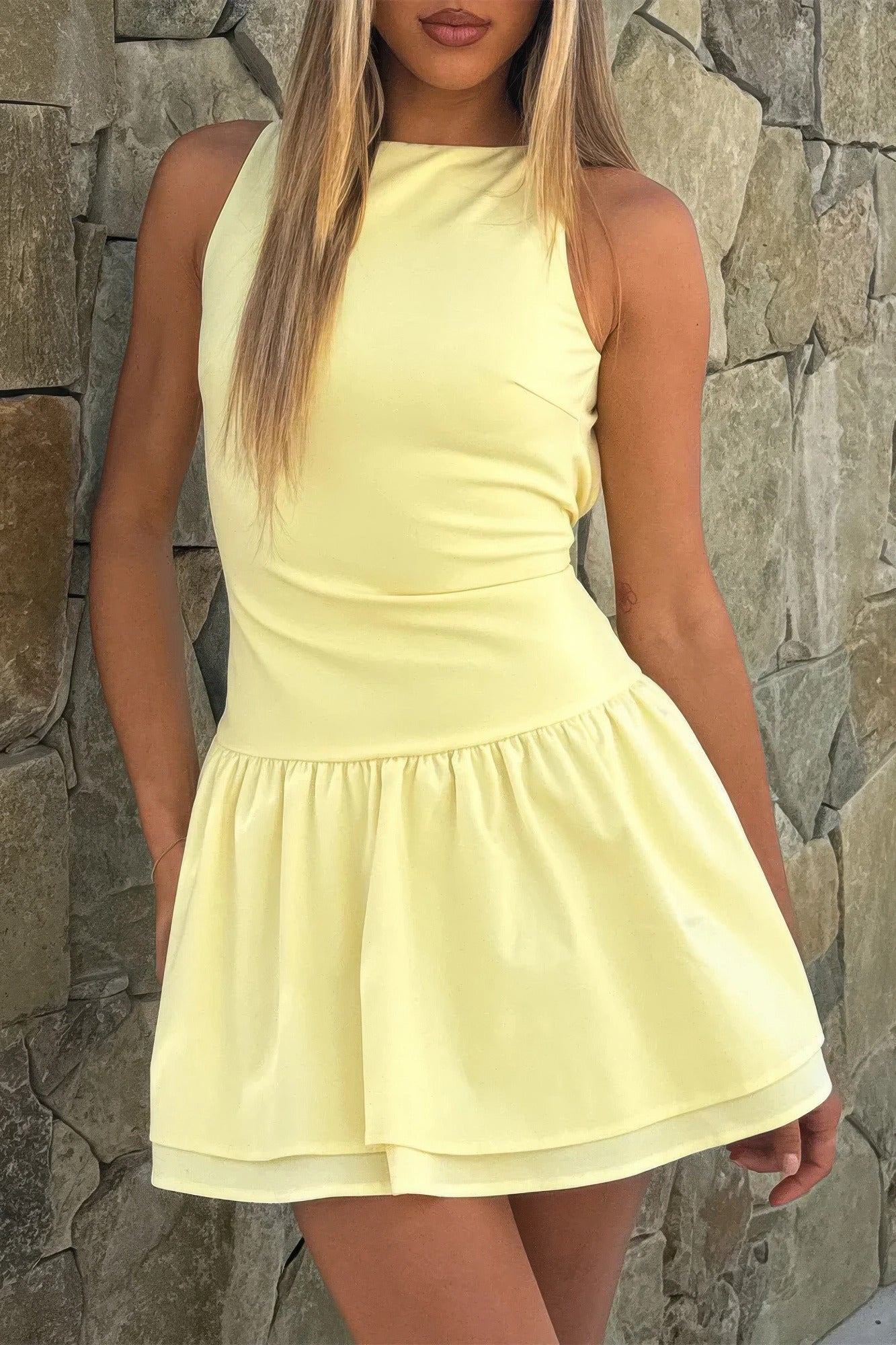 Boat Neck Sleeveless Ruched Ruffle Hem Mini Dress