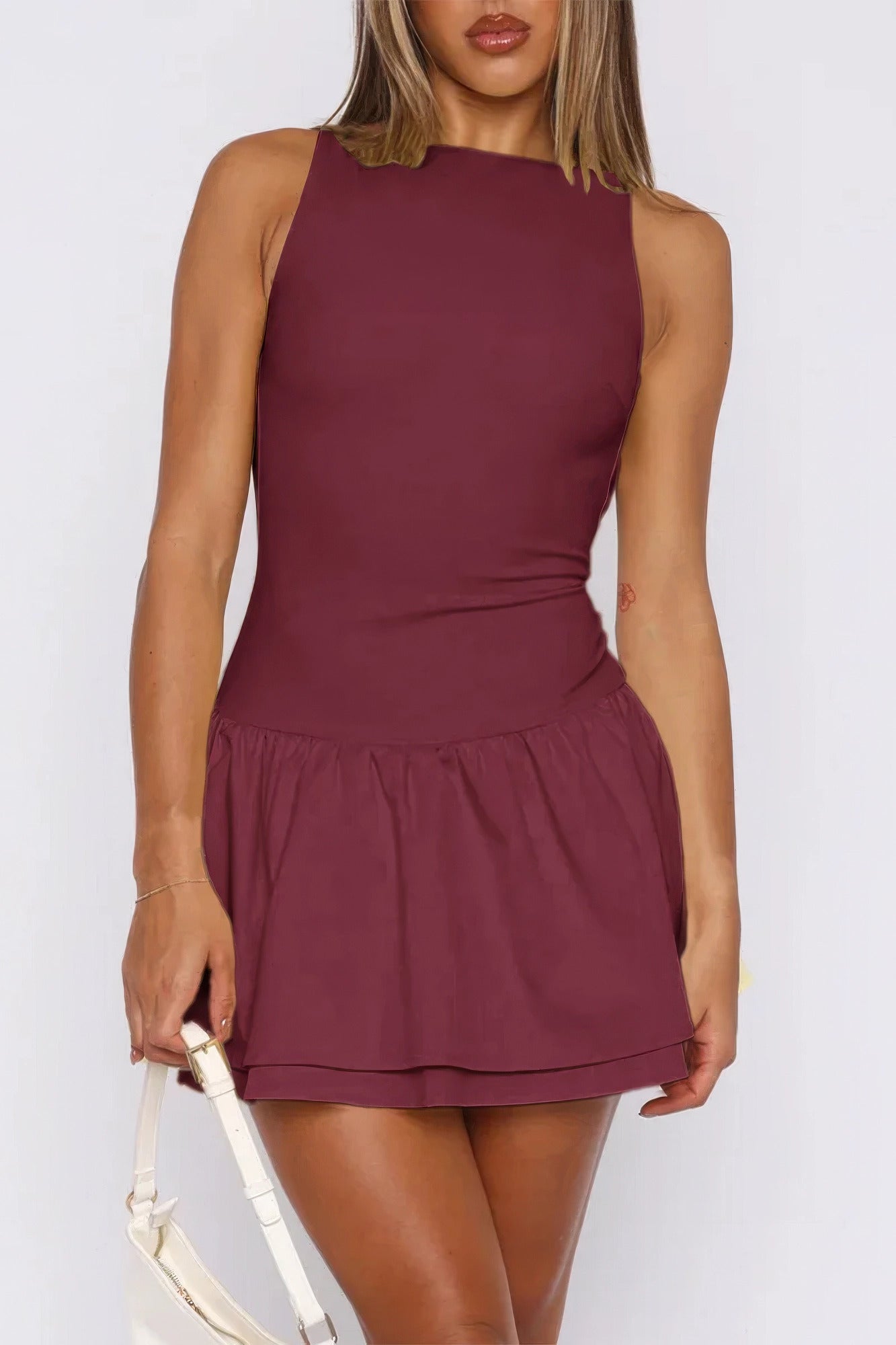 Boat Neck Sleeveless Ruched Ruffle Hem Mini Dress