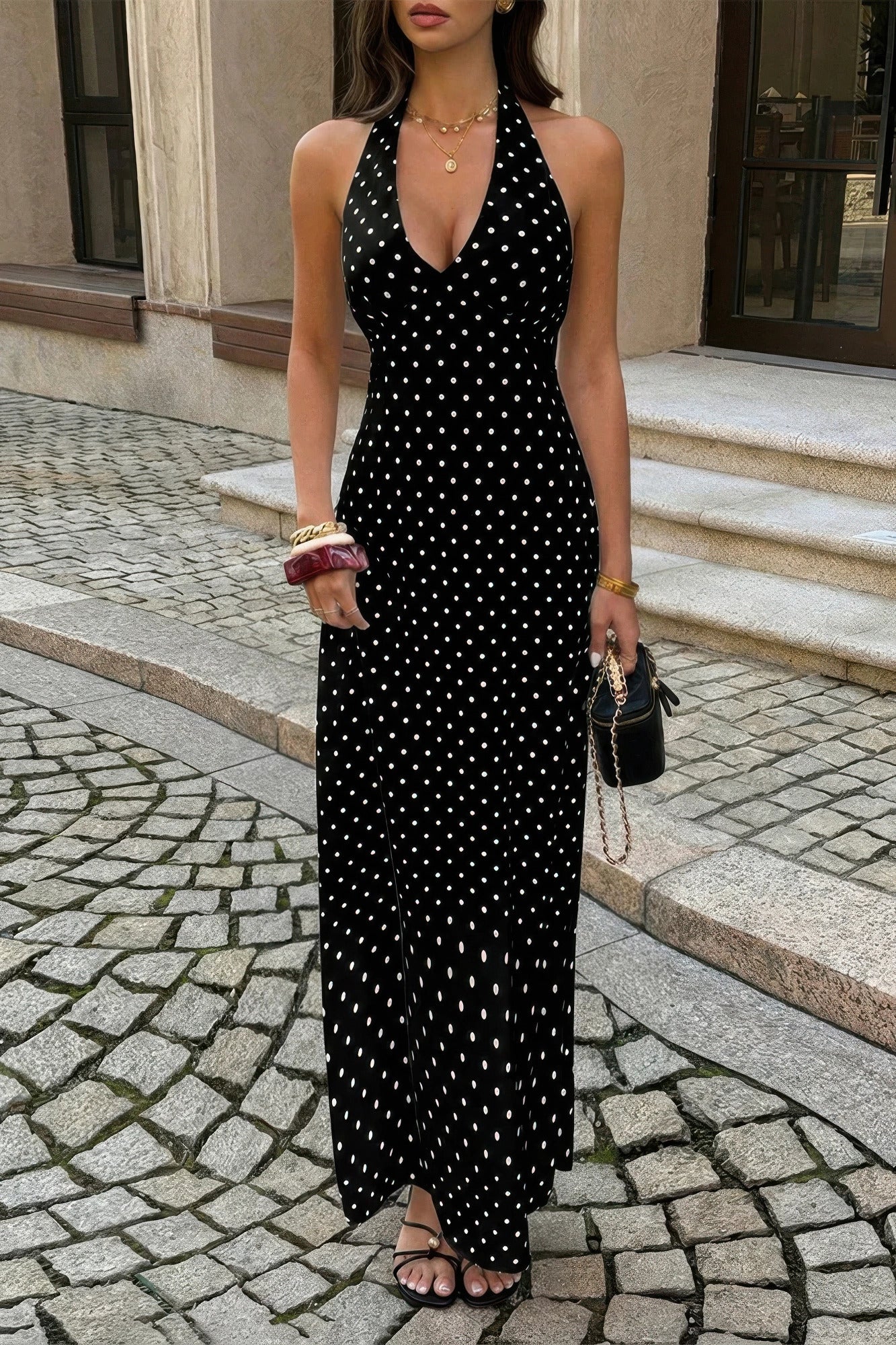 Polka Dot Halter Bodycon Sleeveless Long Dress