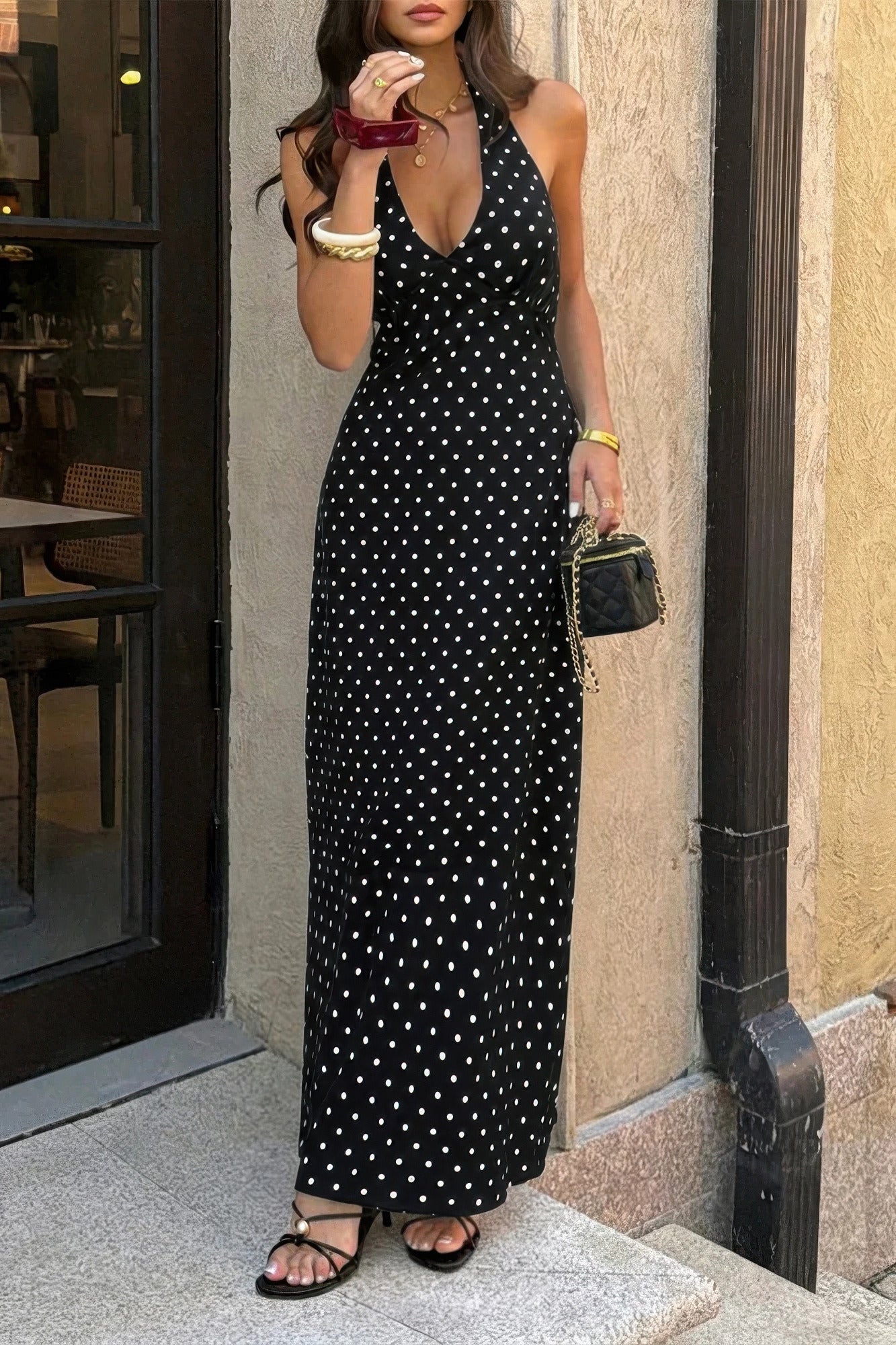 Polka Dot Halter Bodycon Sleeveless Long Dress