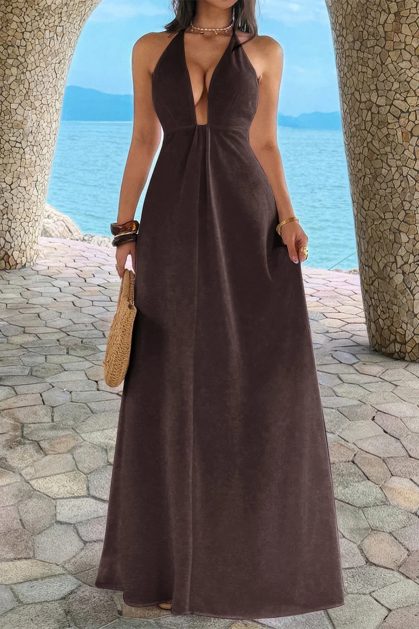 Halter Solid Hide Zipper A Line Maxi Dress