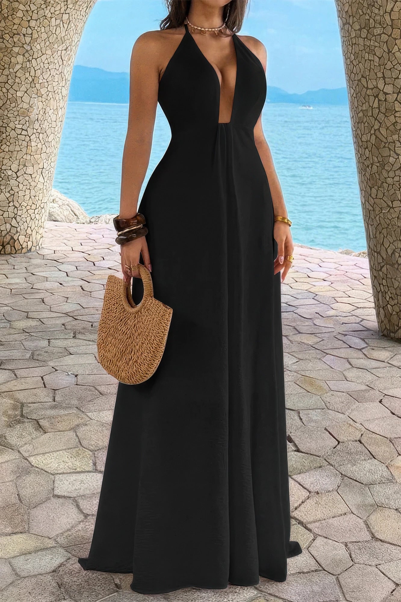Halter Solid Hide Zipper A Line Maxi Dress