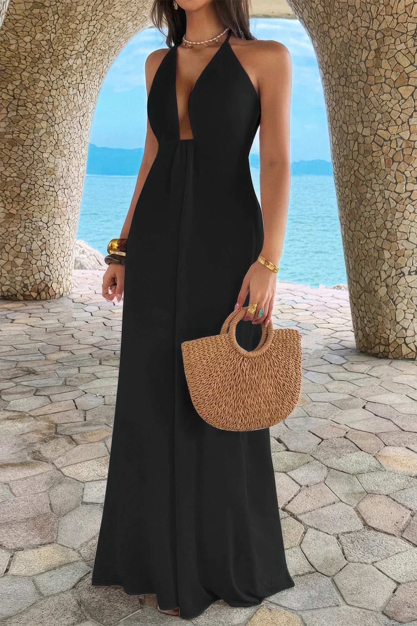 Halter Solid Hide Zipper A Line Maxi Dress