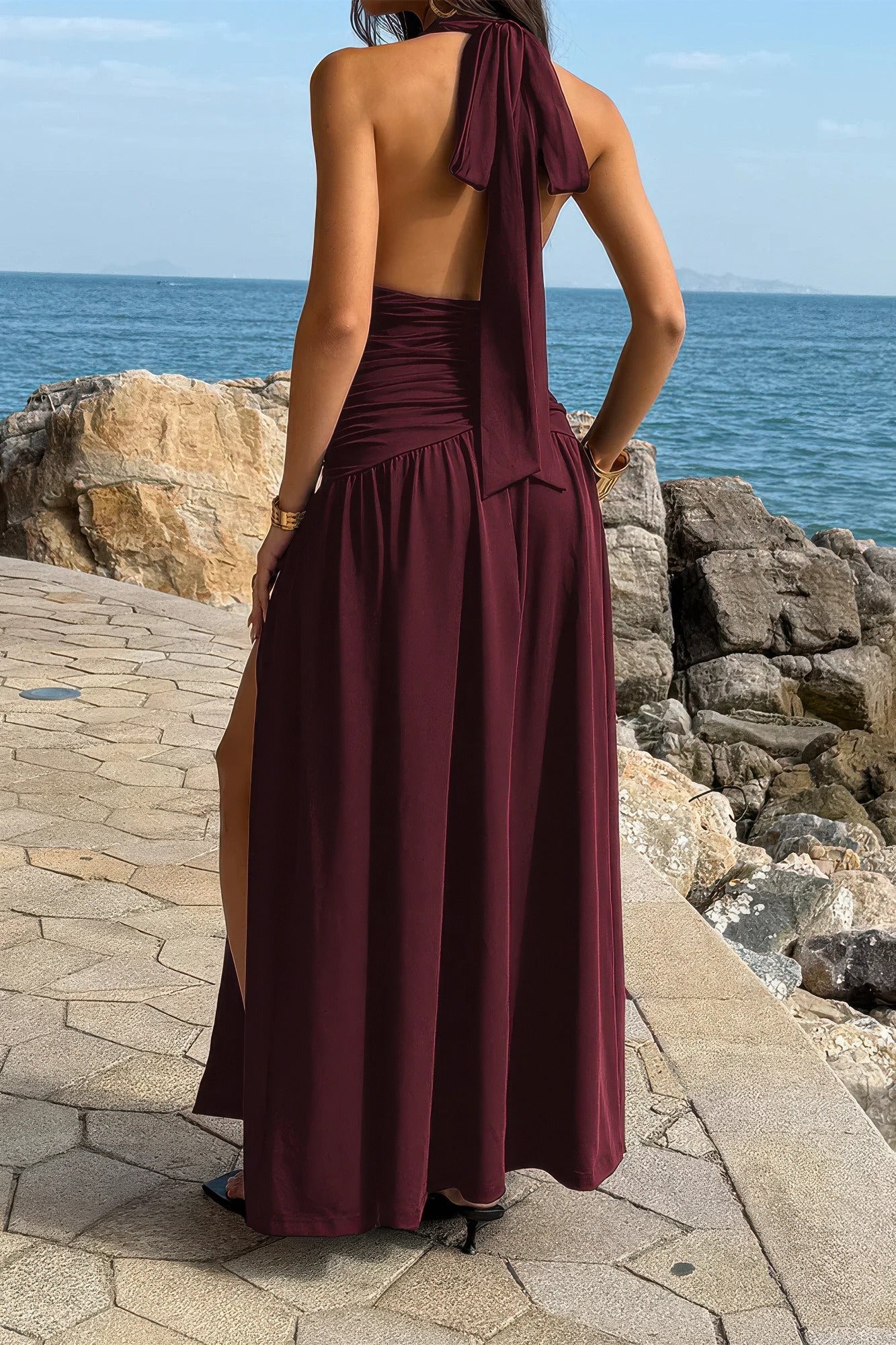 Halter Deep V Neck High Slit Ruched Maxi Dress