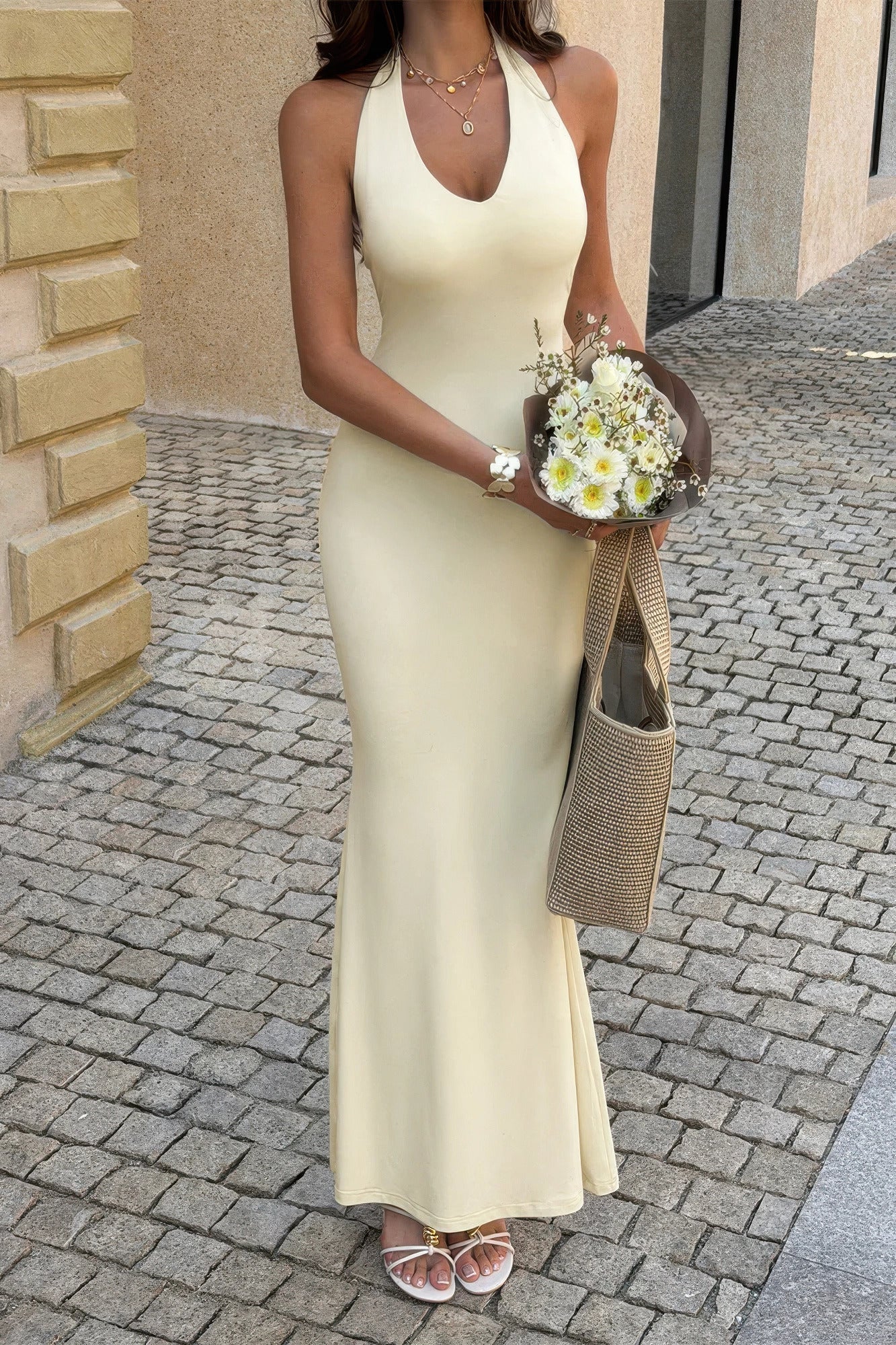 Solid Yellow V Neck Halter Maxi Back Split Dress