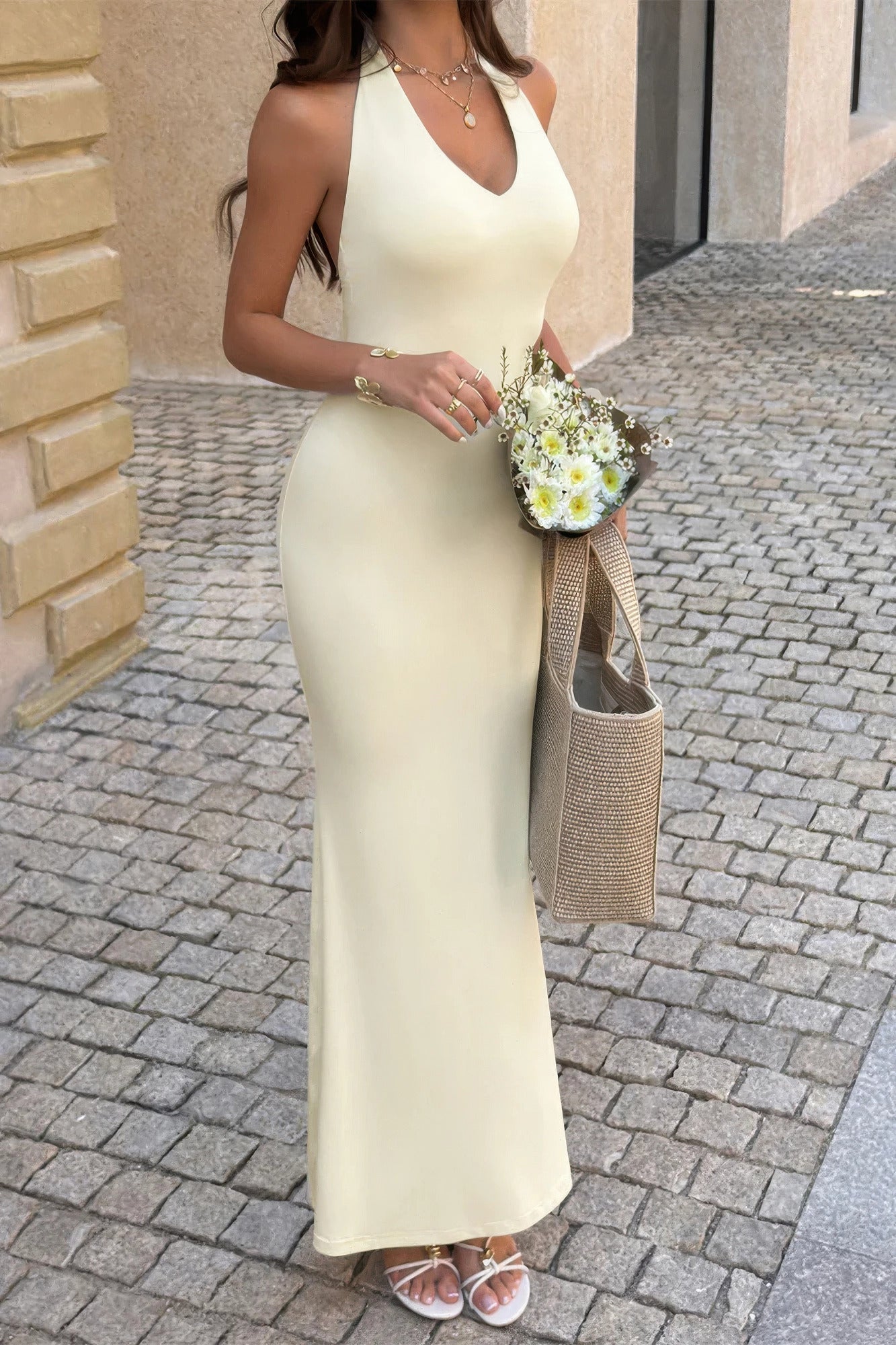Solid Yellow V Neck Halter Maxi Back Split Dress