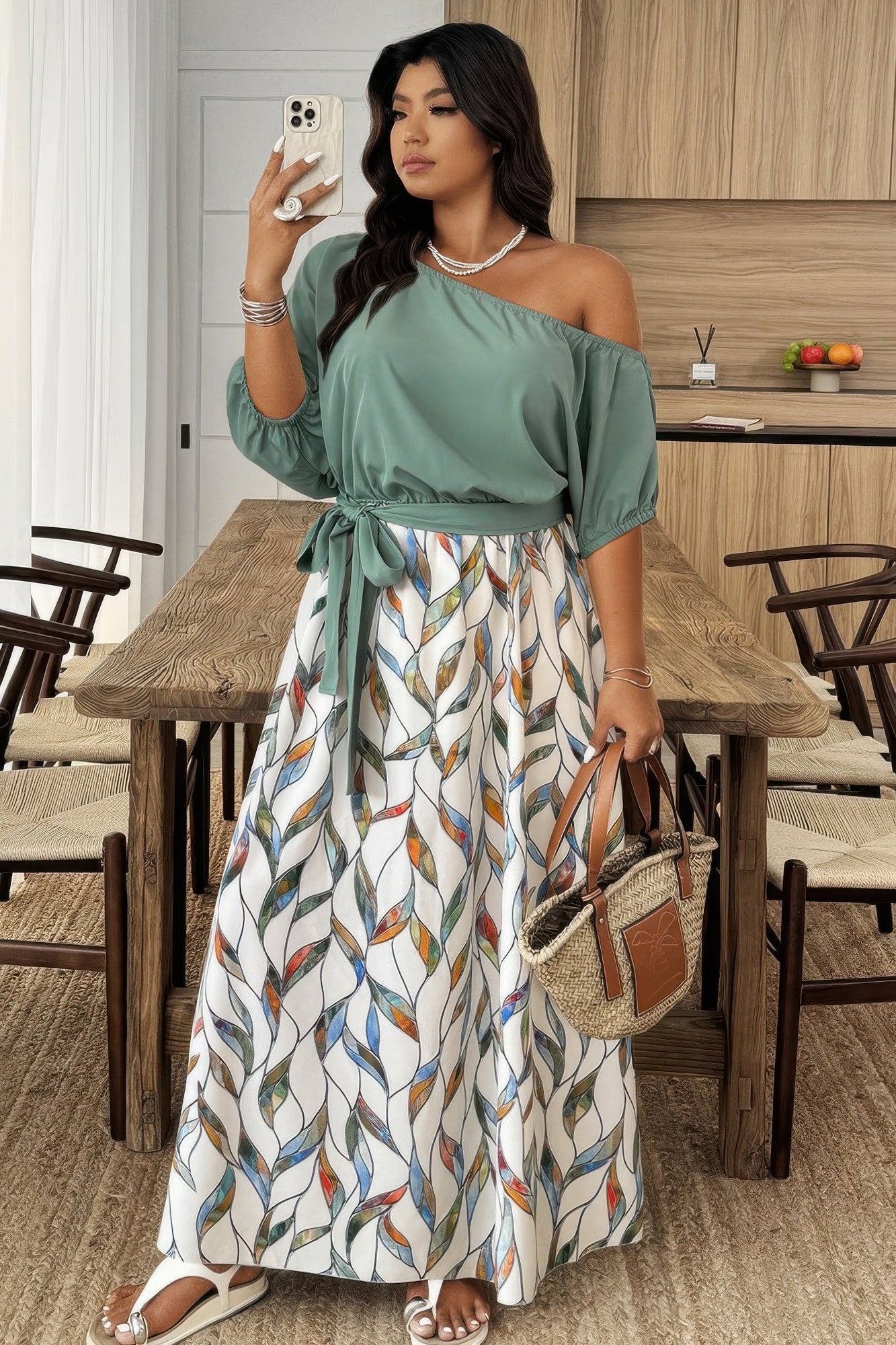 Plus Size Floral Twist Waist One Shoulder Dress