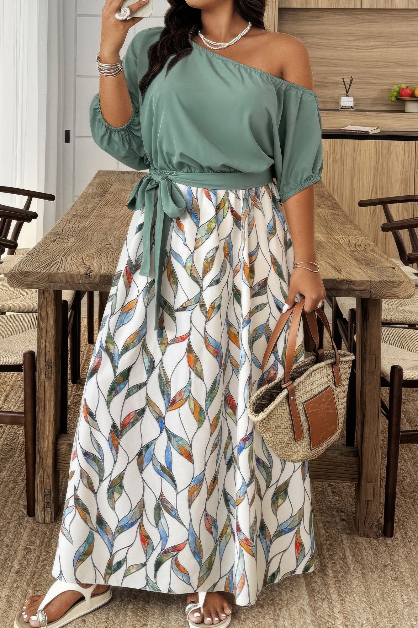 Plus Size Floral Twist Waist One Shoulder Dress