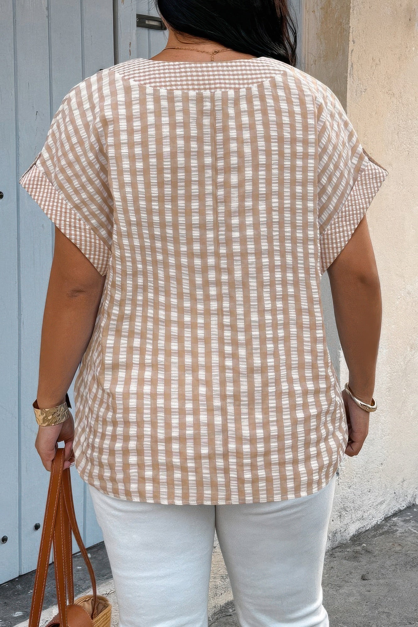Plus Size V Neck Textured Plaid Patchwork Blouse