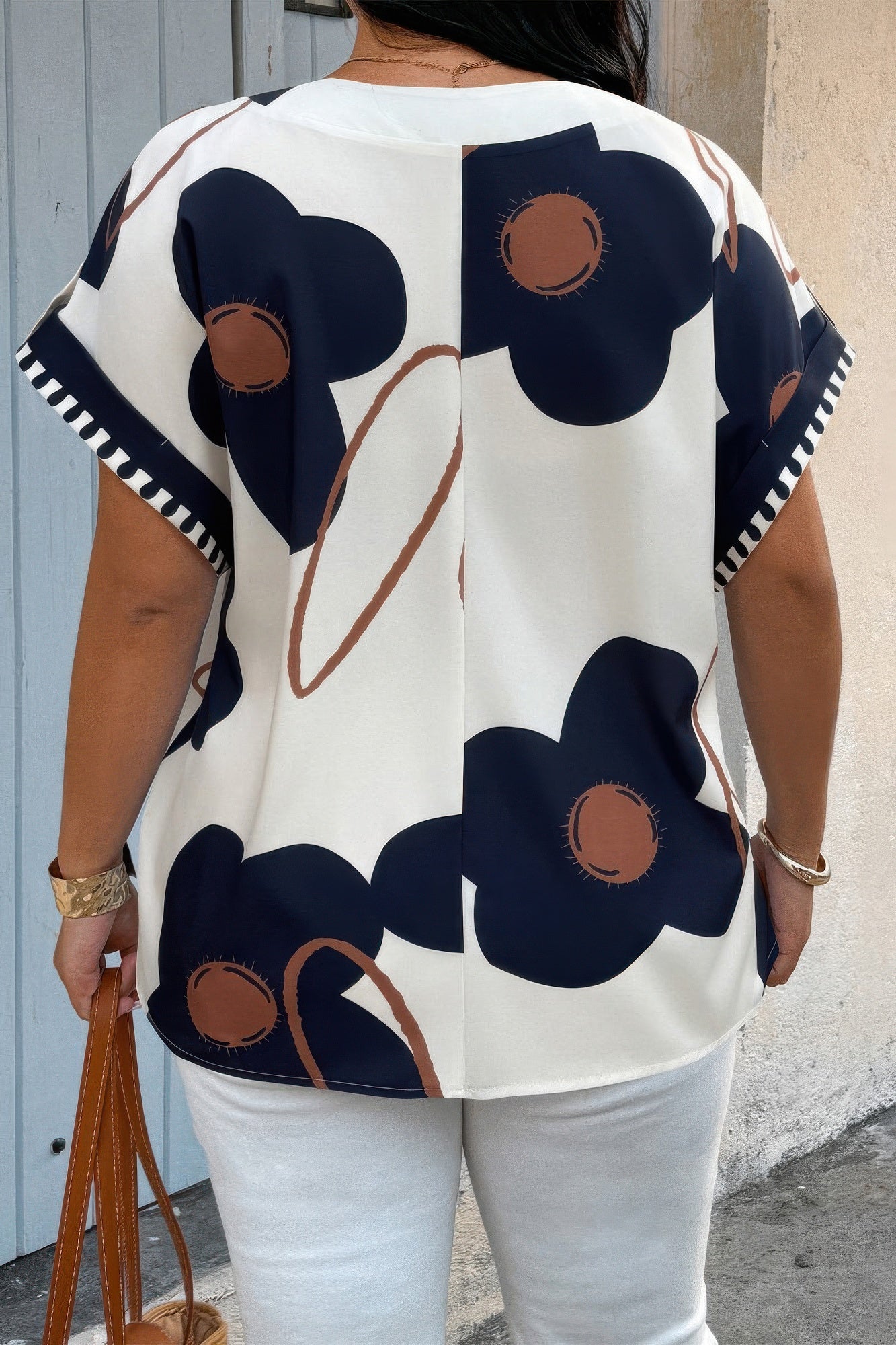 Plus Size Notch V Neck Floral Short Sleeve Shirt