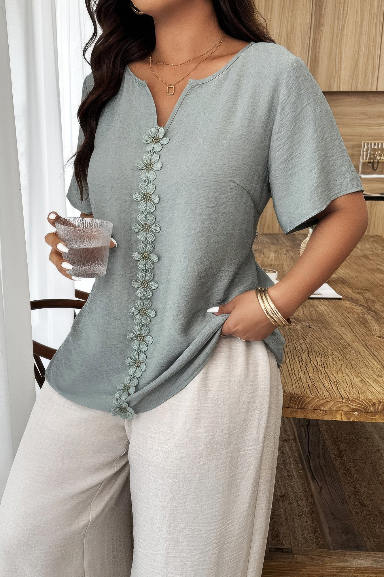 Plus Size Floral Patchwork Ruffle Trim Loose Top