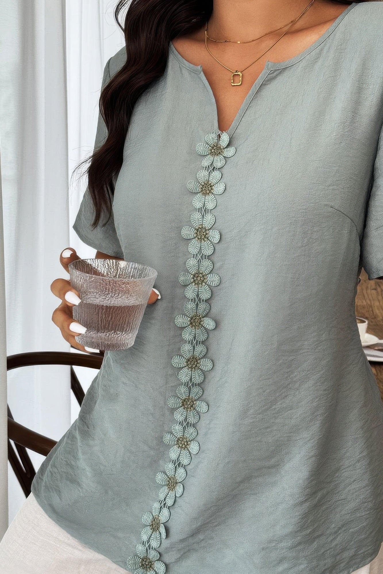 Plus Size Floral Patchwork Ruffle Trim Loose Top
