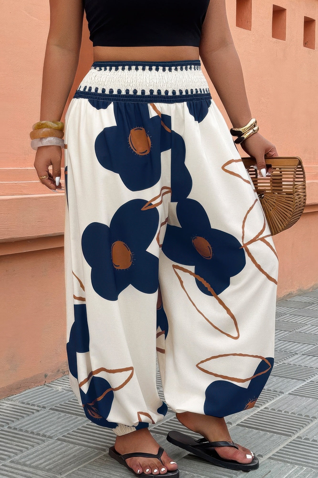 Plus Size Floral Print Elastic Waist Pants