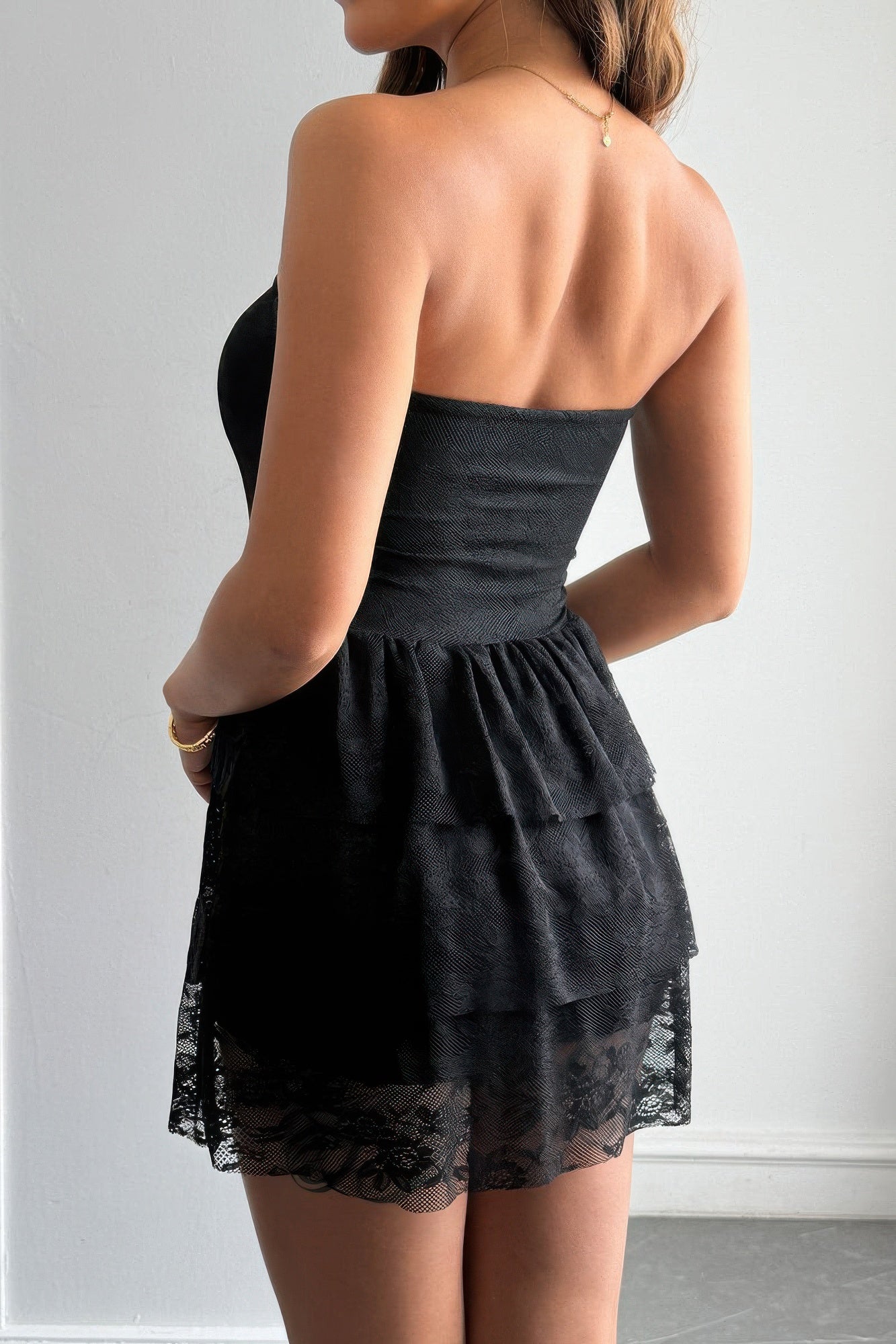 Off Shoulder Strapless Ruffle Lace Mini Dress
