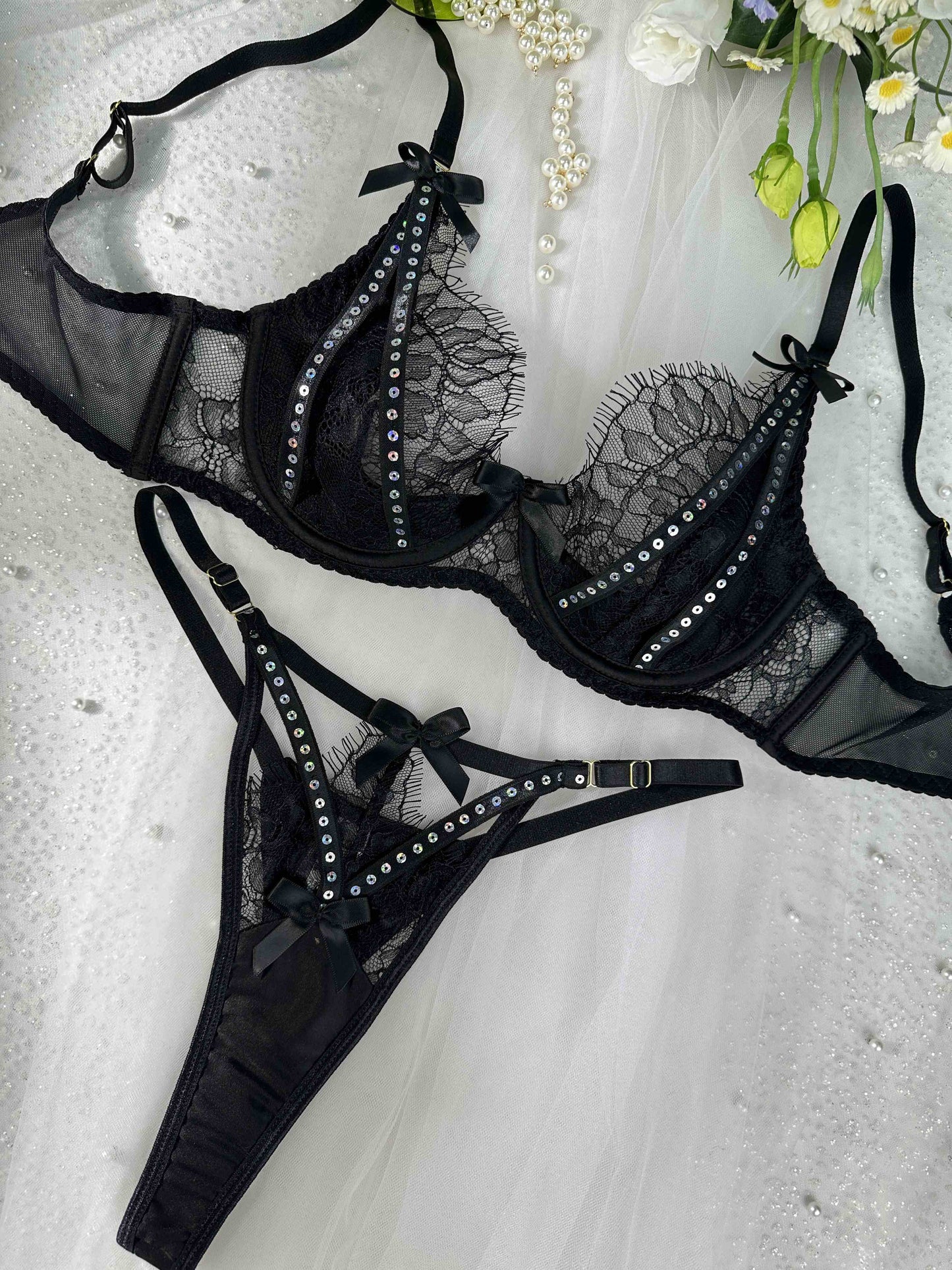 Midnight Noir Sparkle Lace Lingerie Set