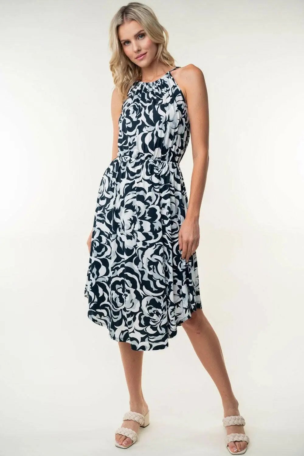 Dresses Trendsi White Birch Tied Ruched Floral Sleeveless Knee Length Dress
