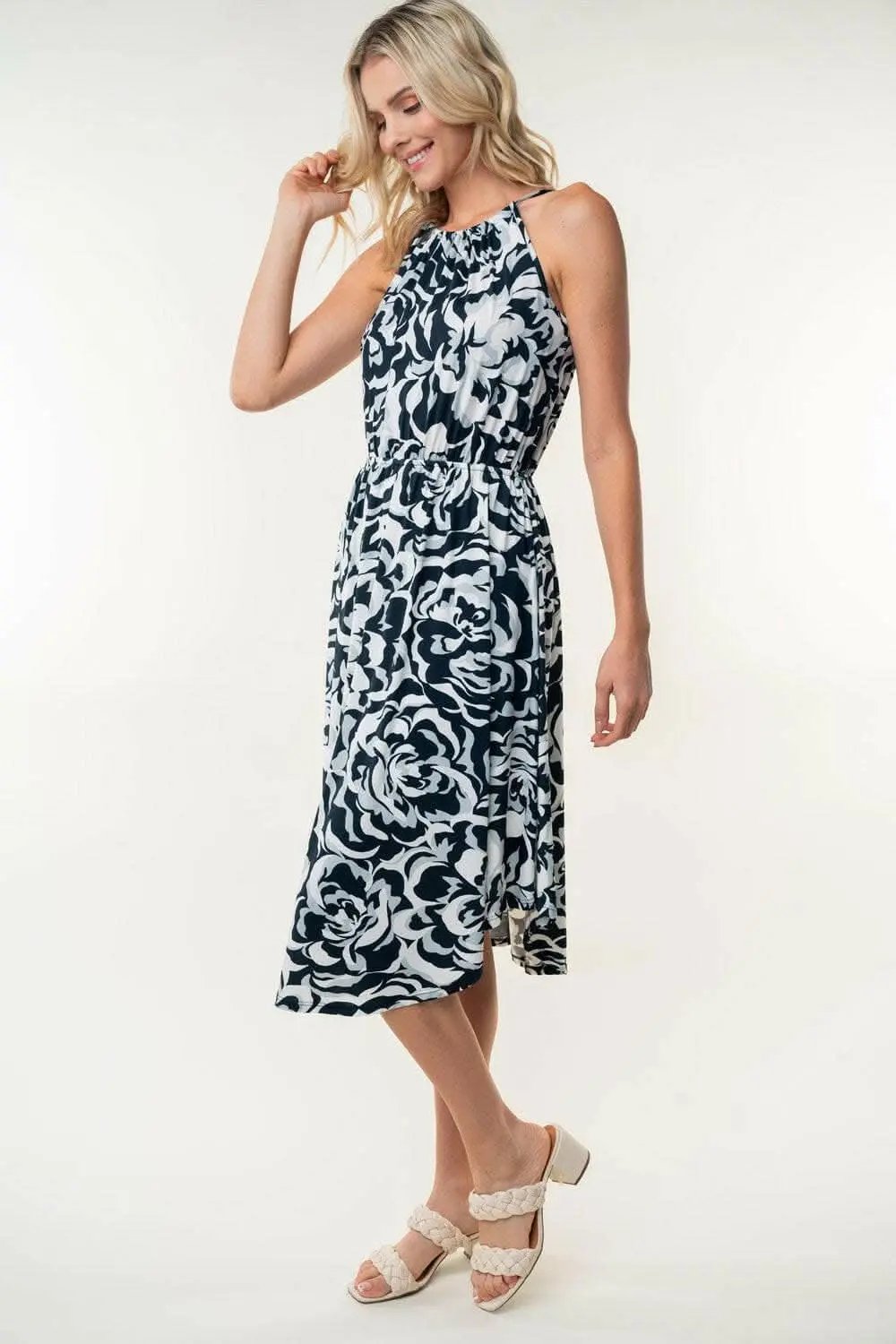 Dresses Trendsi White Birch Tied Ruched Floral Sleeveless Knee Length Dress