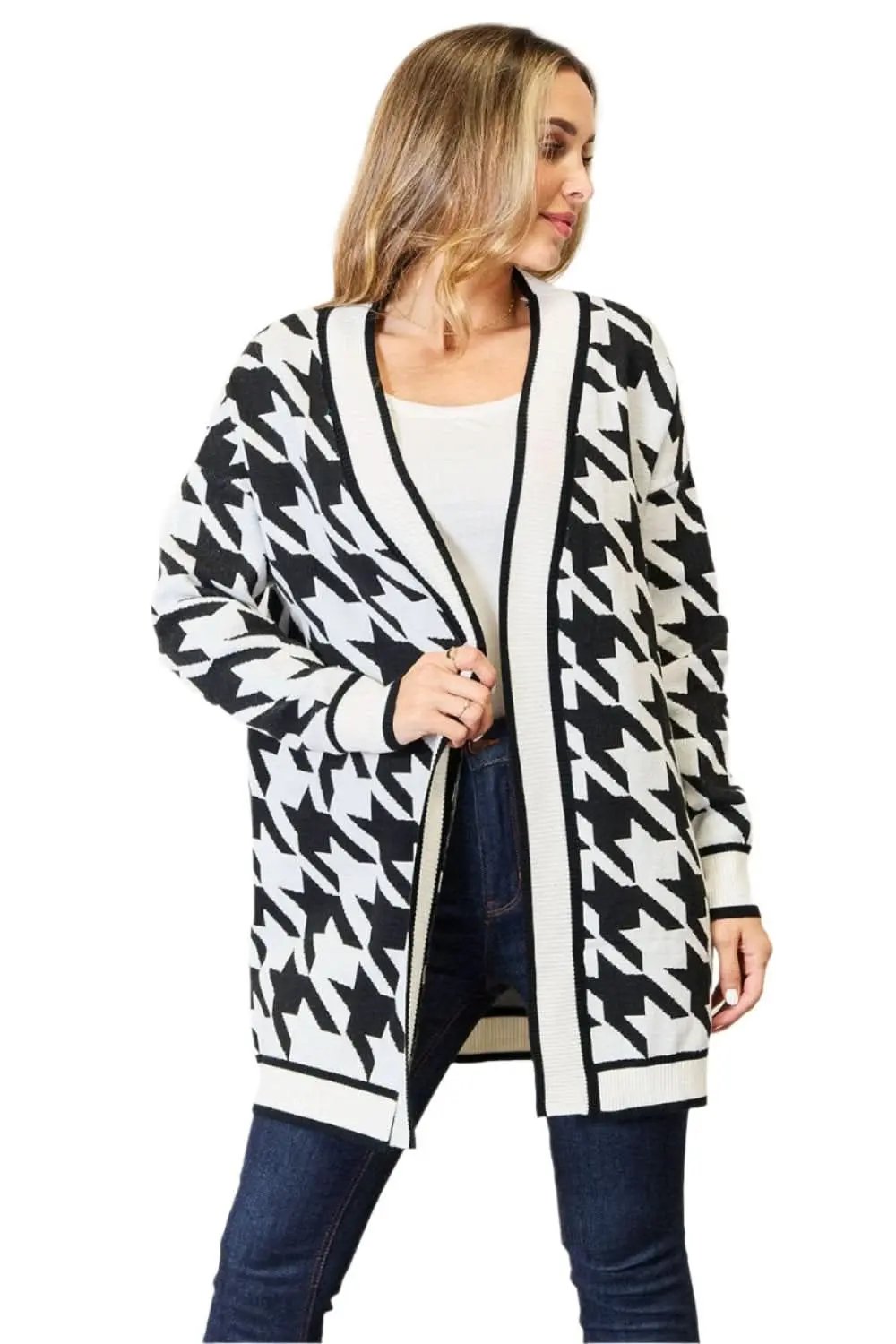 Trendsi Houndstooth Cardigan Long Open Front — Cozy Layering