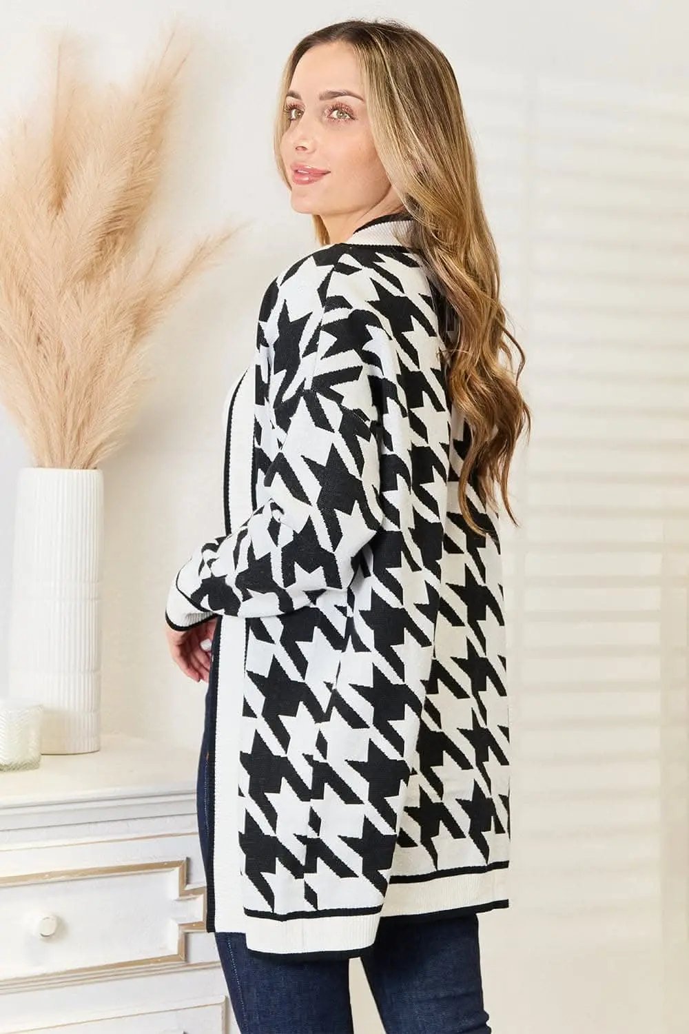 Trendsi Houndstooth Cardigan Long Open Front — Cozy Layering