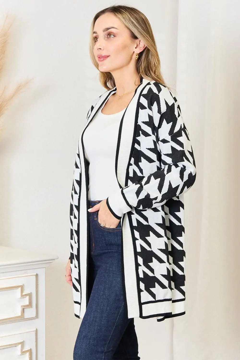 Trendsi Houndstooth Cardigan Long Open Front — Cozy Layering