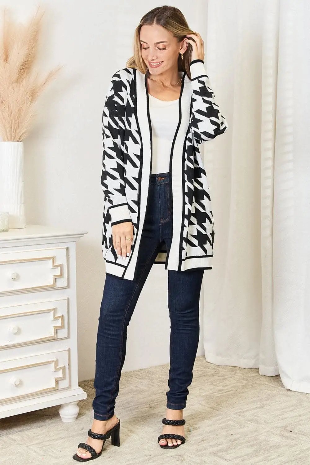 Trendsi Houndstooth Cardigan Long Open Front — Cozy Layering