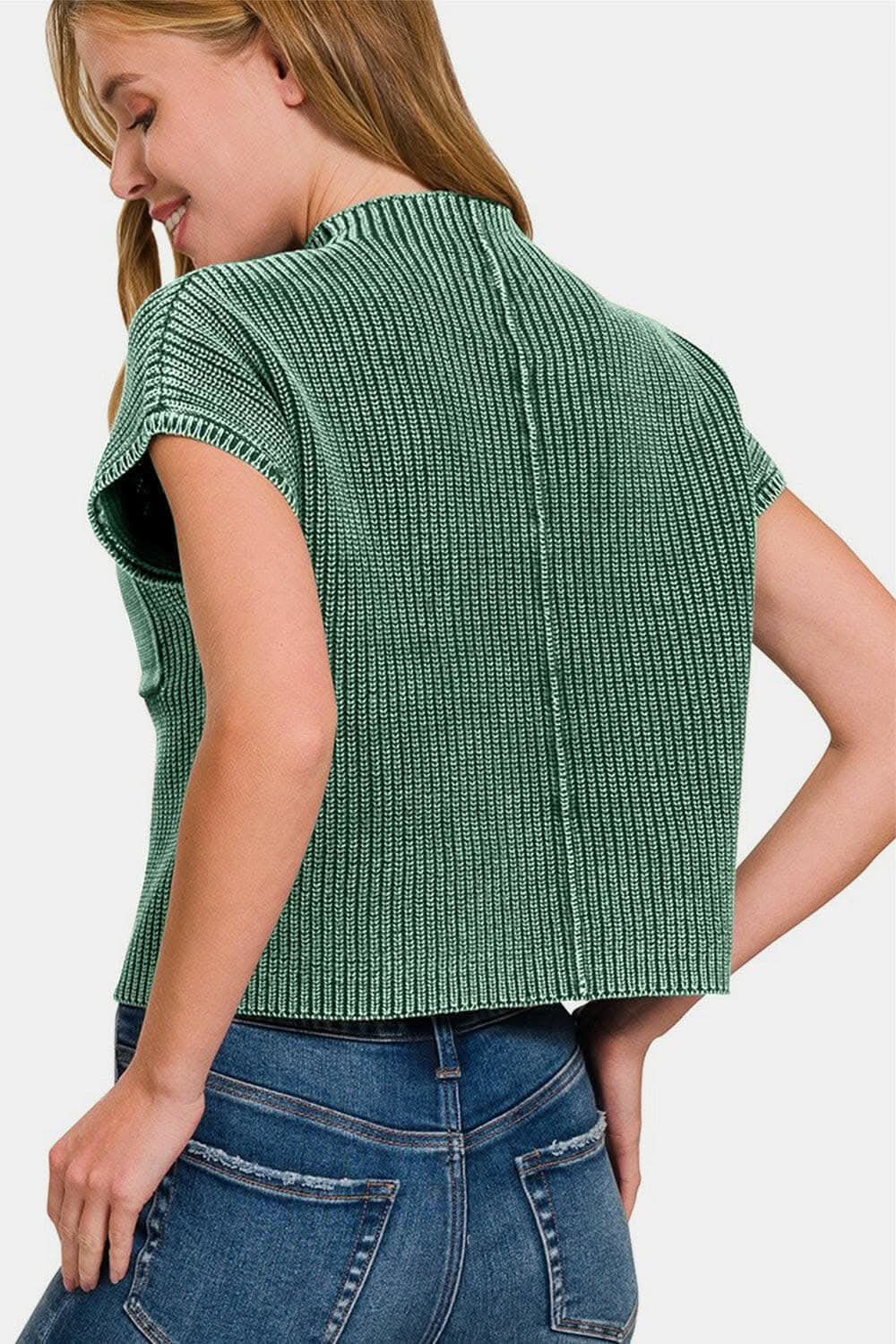 Cropped Mock Neck Sweater by Trendsi | Dark Green