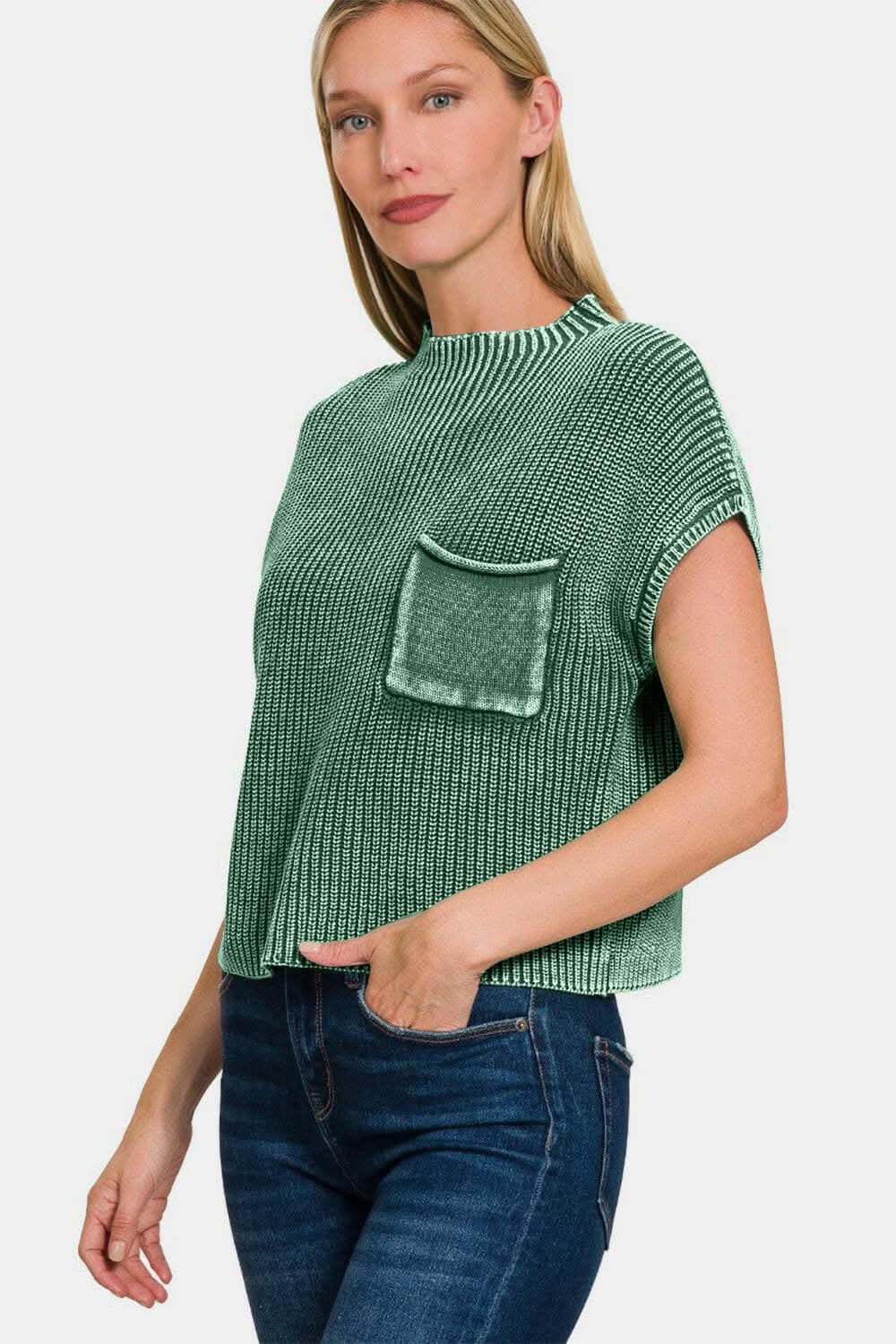 Cropped Mock Neck Sweater by Trendsi | Dark Green