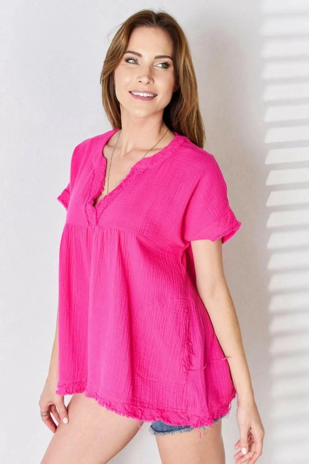 Women's Short Sleeve Top Top - Raw Hem Short Sleeve - Zenana