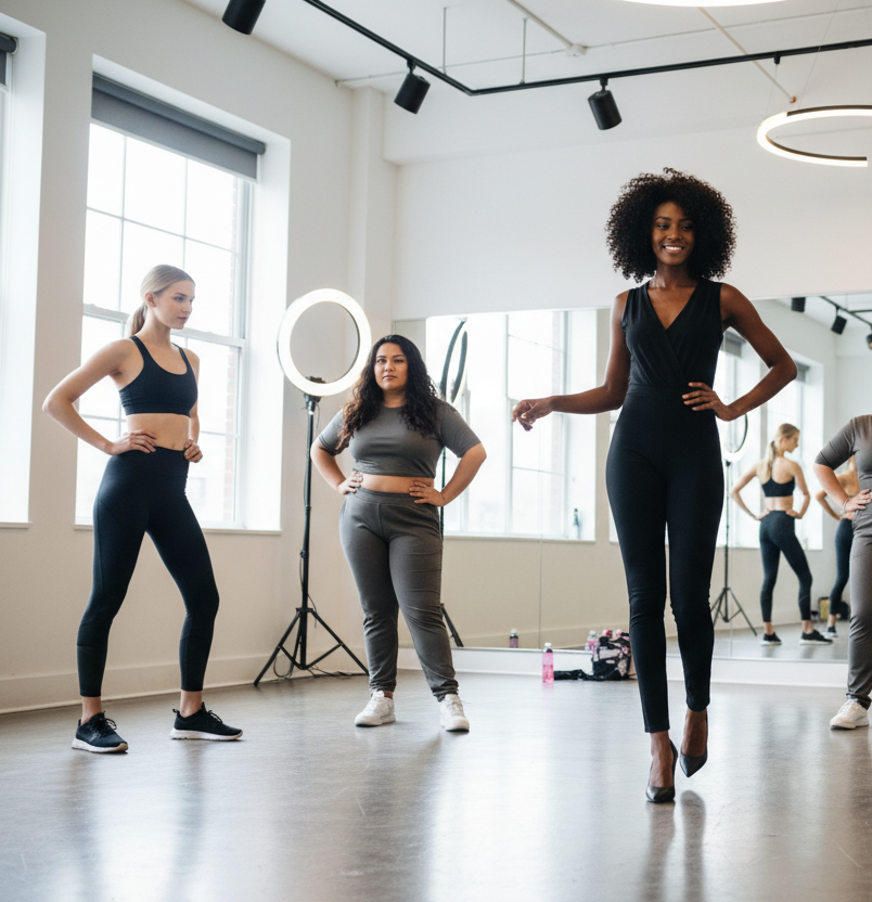 a coach teaching to a diverse group of female models, black, brown, and white, short and tall, plus size and fit