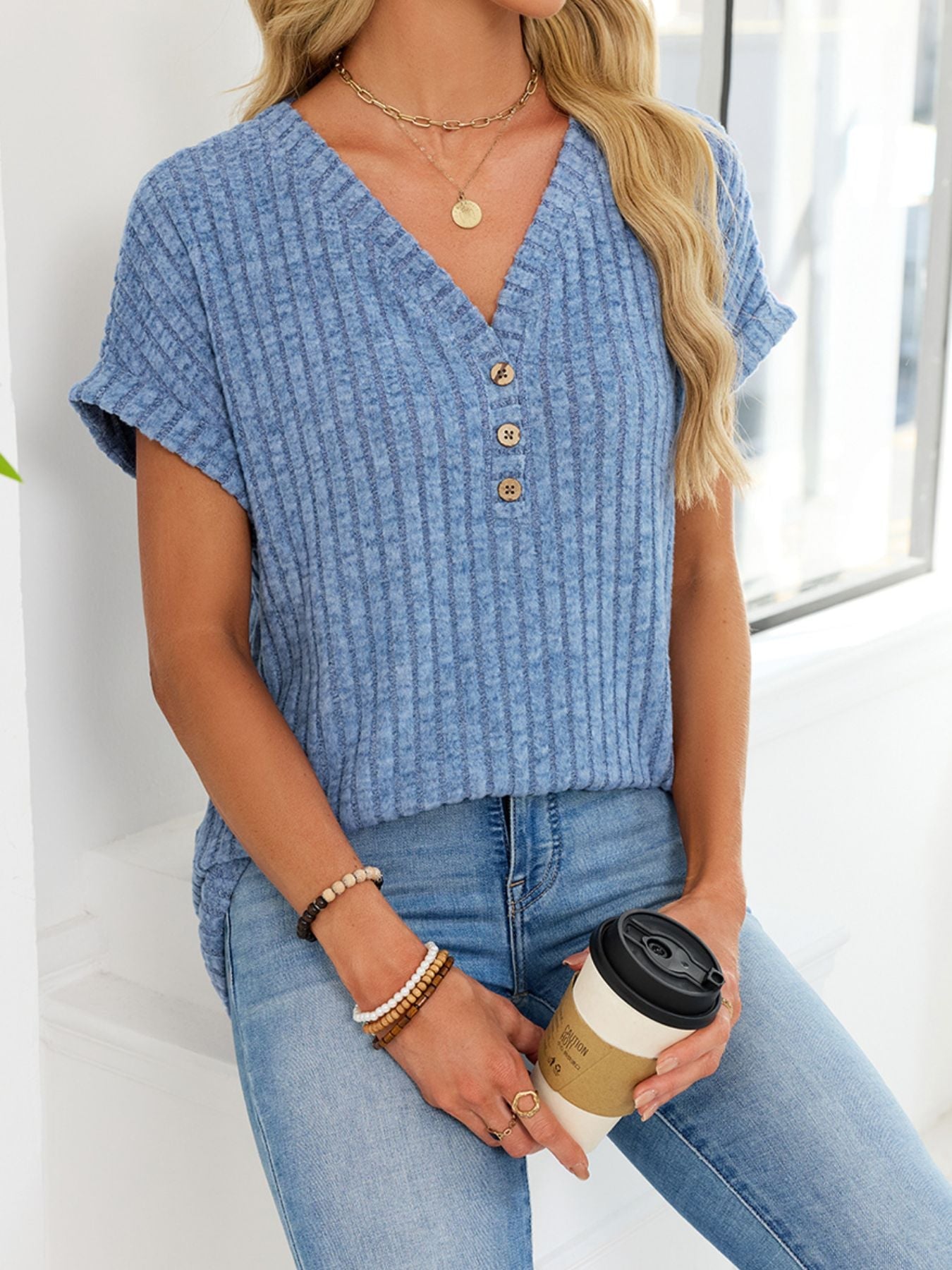 V Neck Ribbed Knit T Shirt
