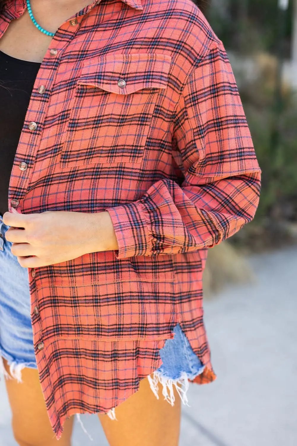 Love Salve Red Plaid Western Shirt — Distressed Cotton Top
