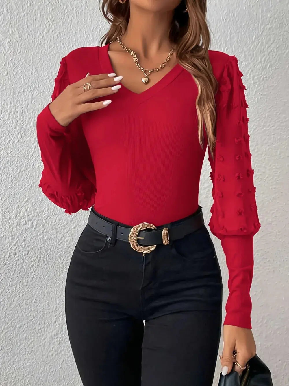 Swiss Dot V Neck Long Sleeve Top