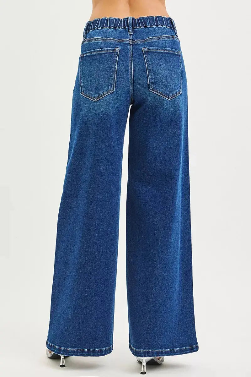 RISEN Jeans - Full Size Mid Rise Wide Side Pintuck Jeans with Front Drawstring