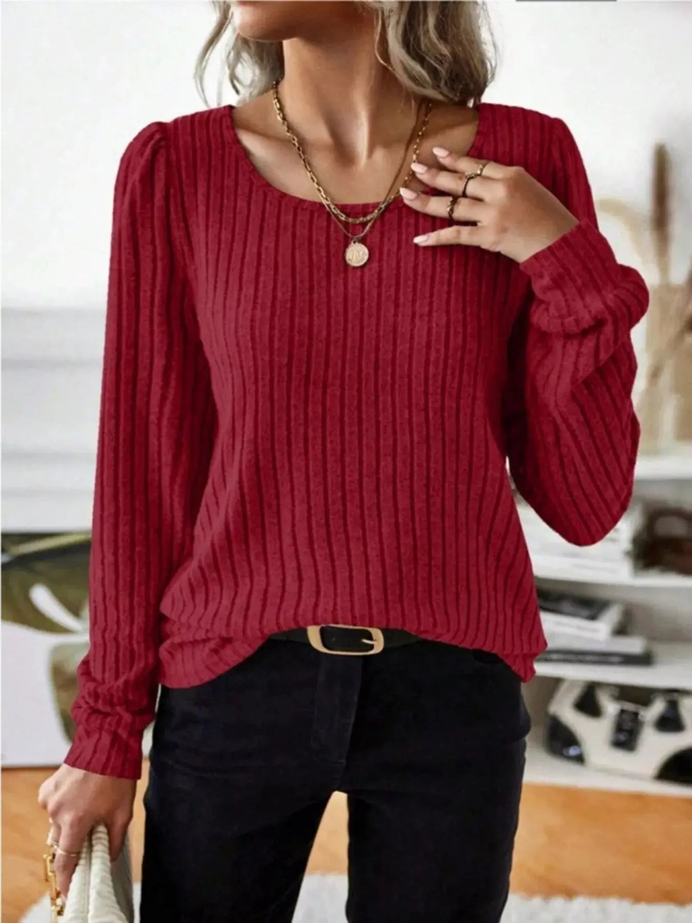 Ribbed Knit Long Sleeve T Shirt