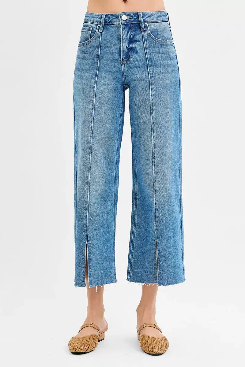 RISEN Jeans - Tummy Control Mid Rise Crop Wide Front Slit Jeans