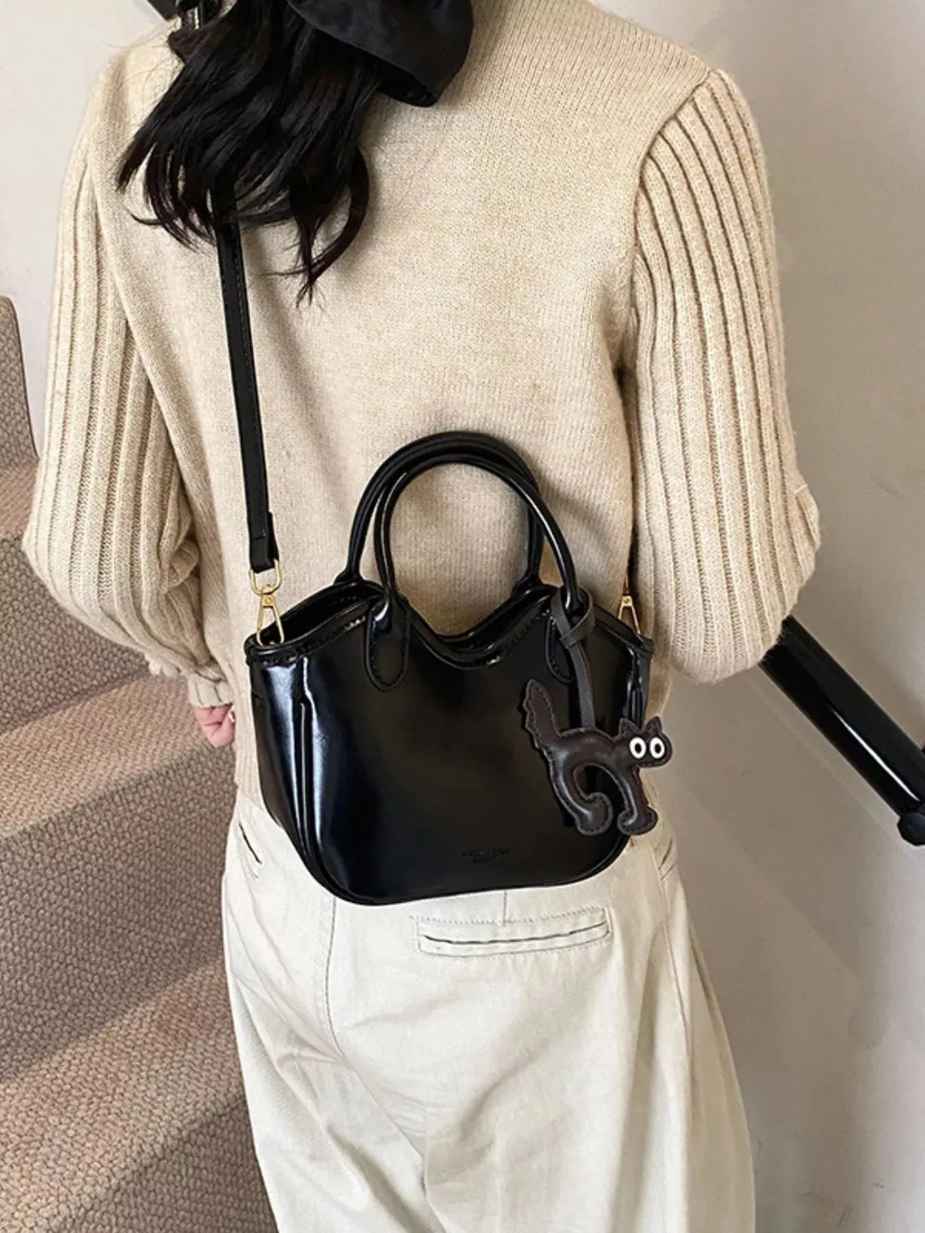 Cat Charm PU Leather Crossbody Bag