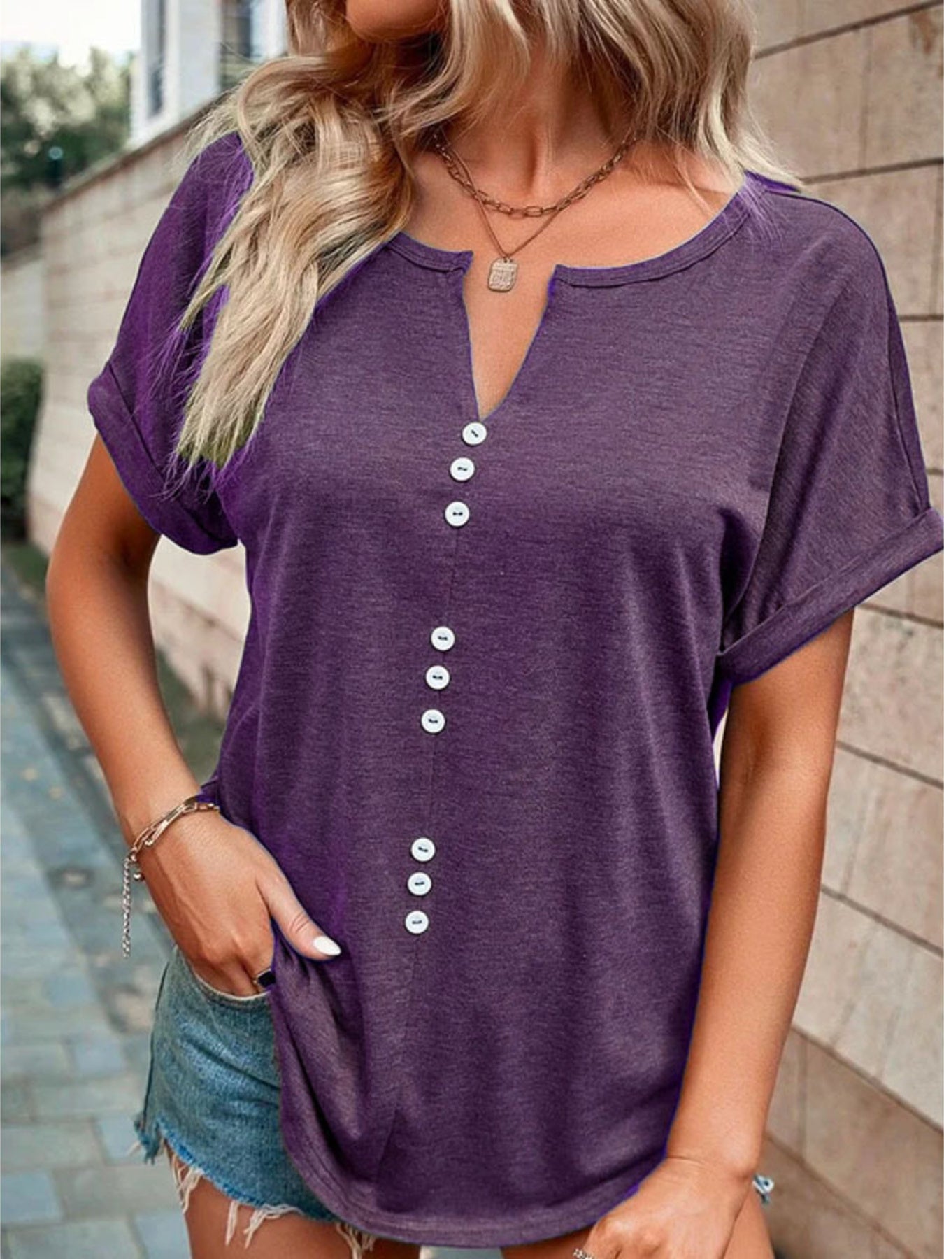 Full Size Decor Button Short Sleeve T Shirt